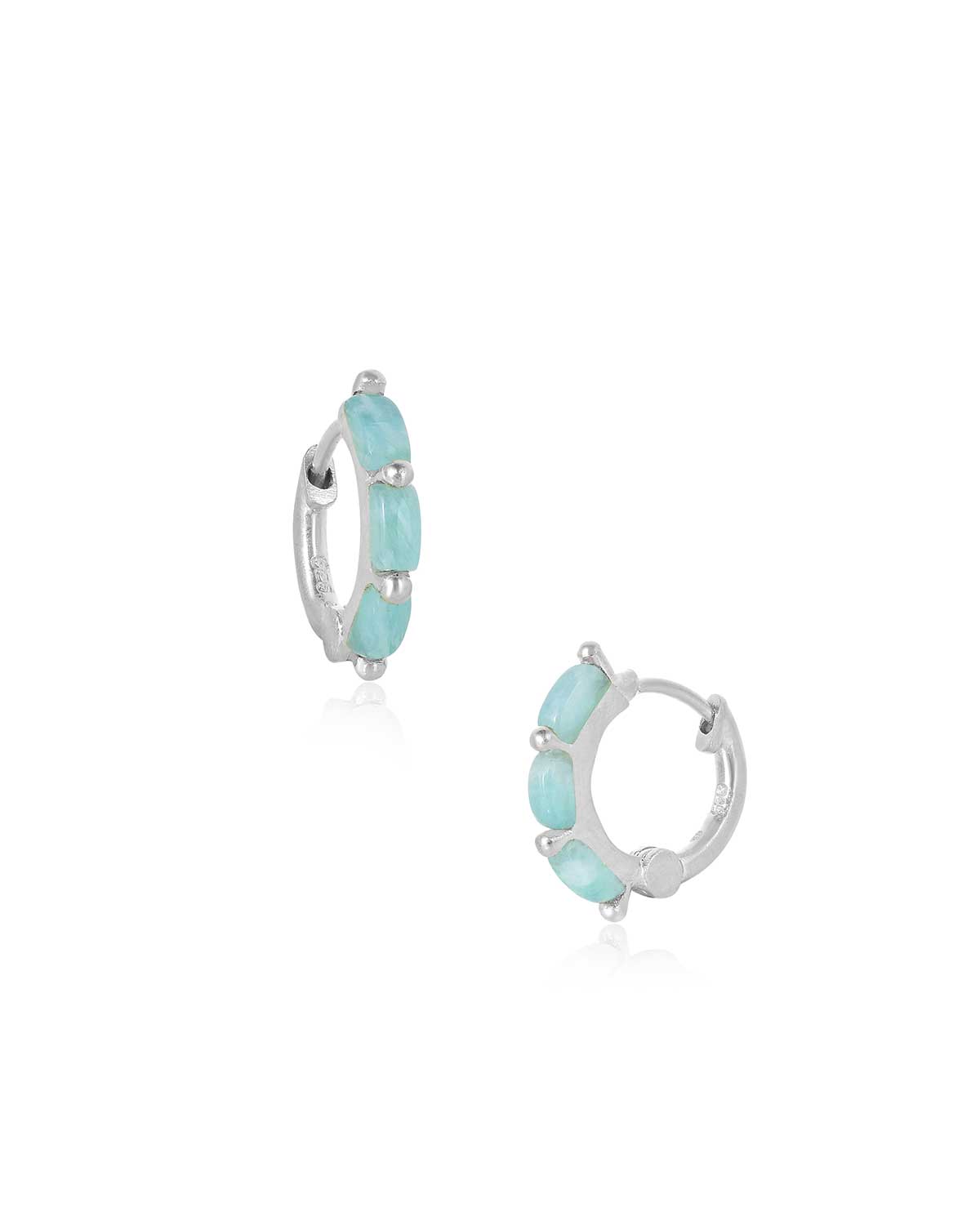 Silver mini hoop earrings with baguette-cut amazonite gemstones and a polished finish