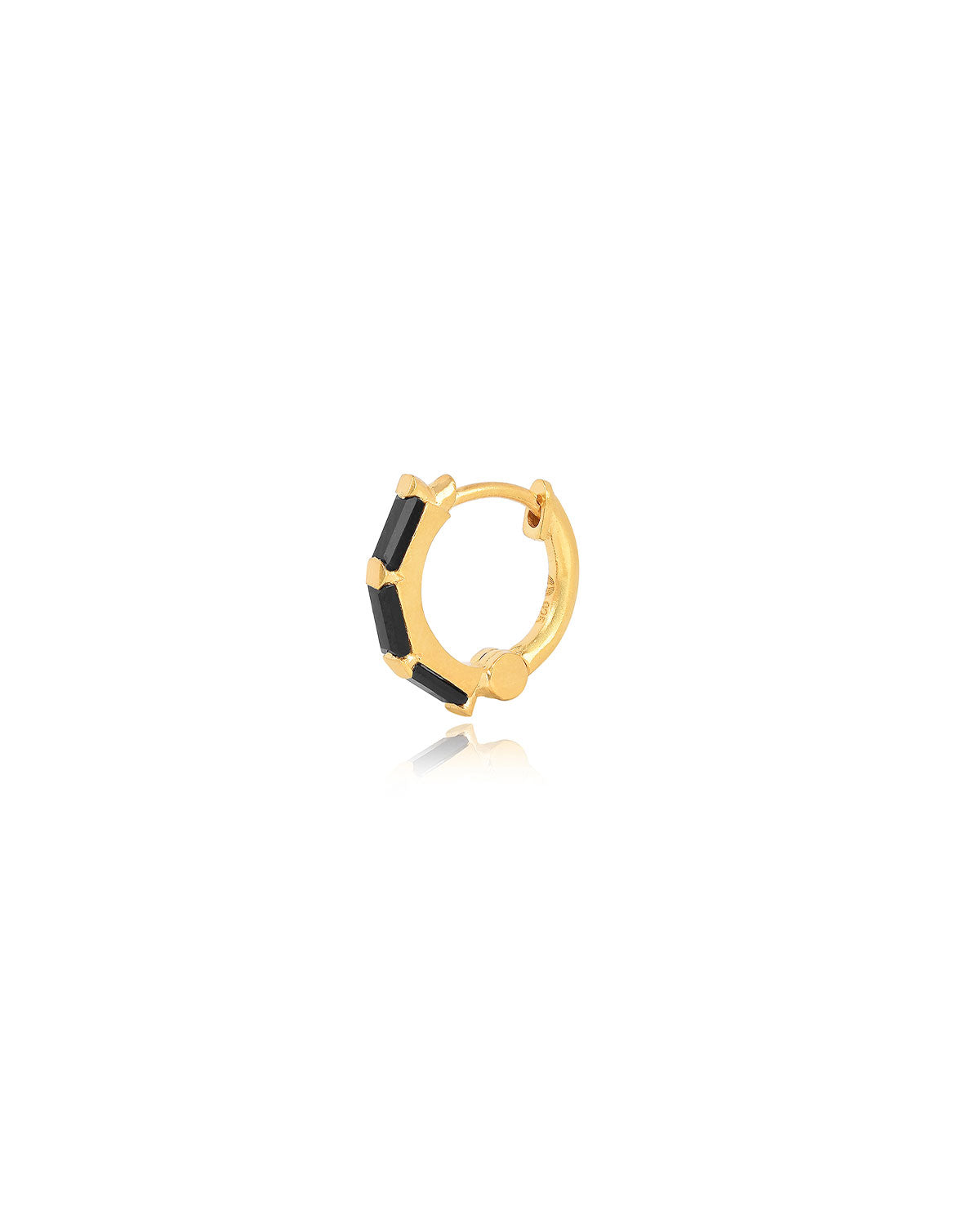 Everyday gold mini hoops featuring baguette-cut black spinel gemstones