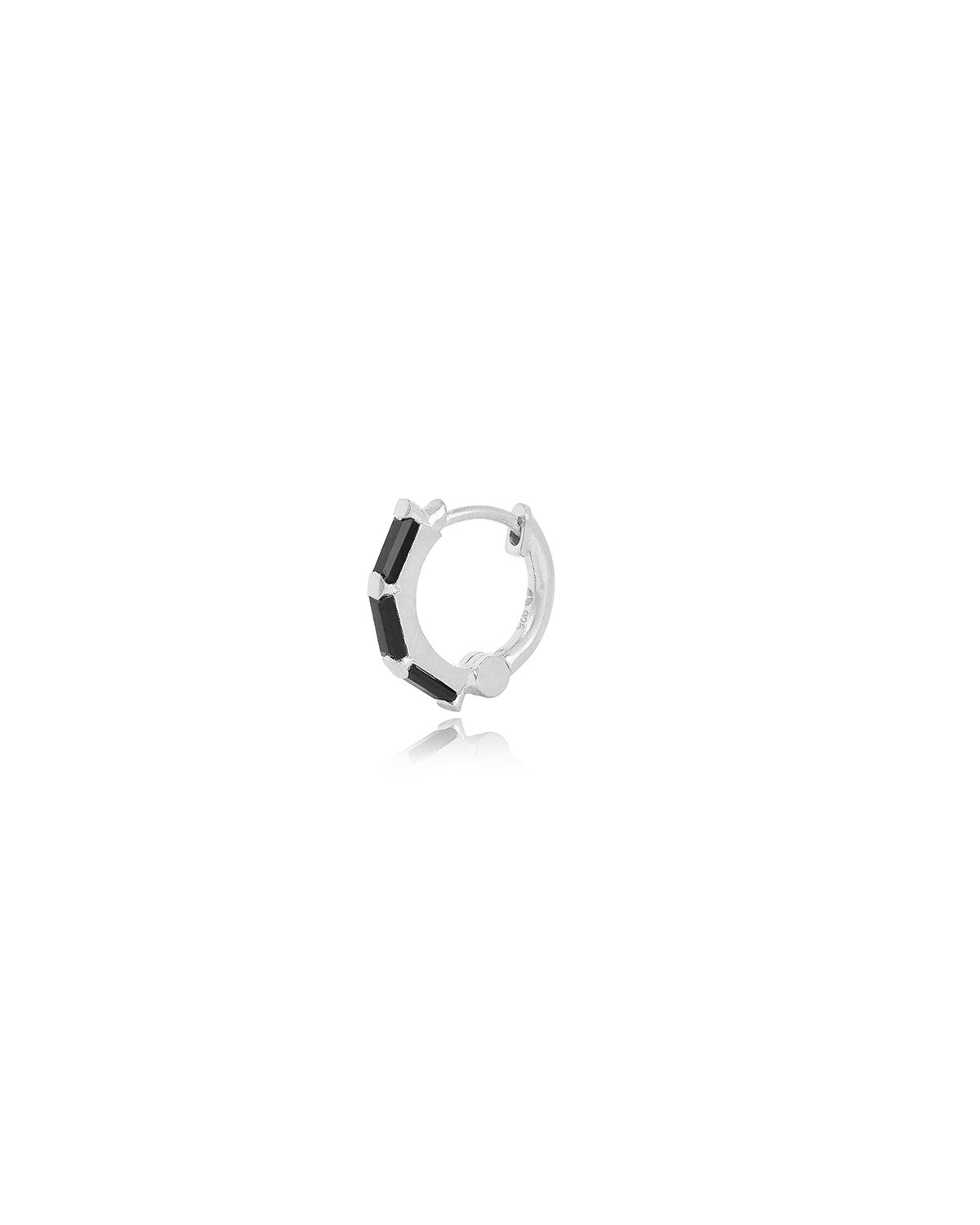 Versatile silver mini hoop earrings with black spinel gemstones, perfect to style alone or stacked