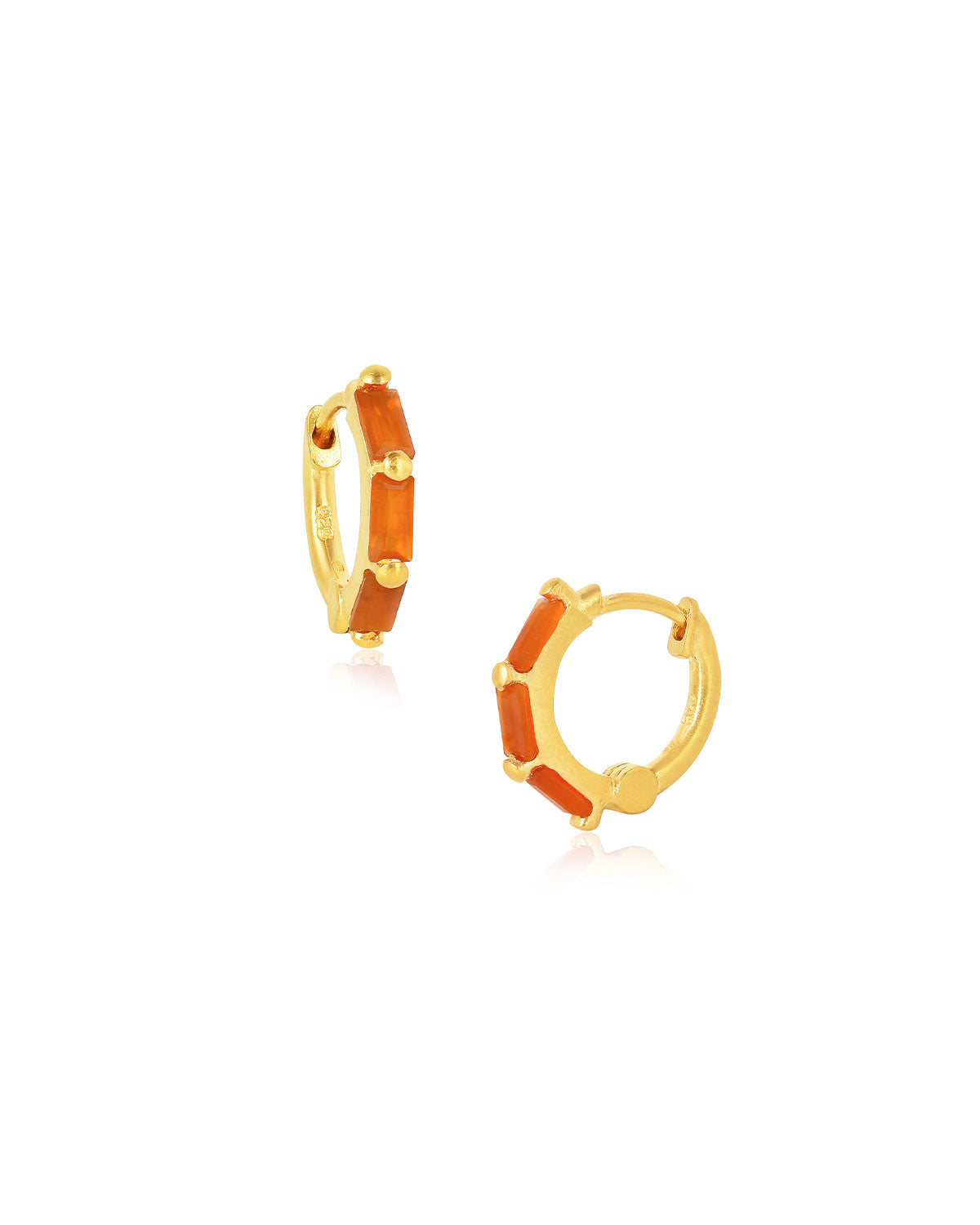 Gold mini hoop earrings with baguette-cut carnelian gemstones