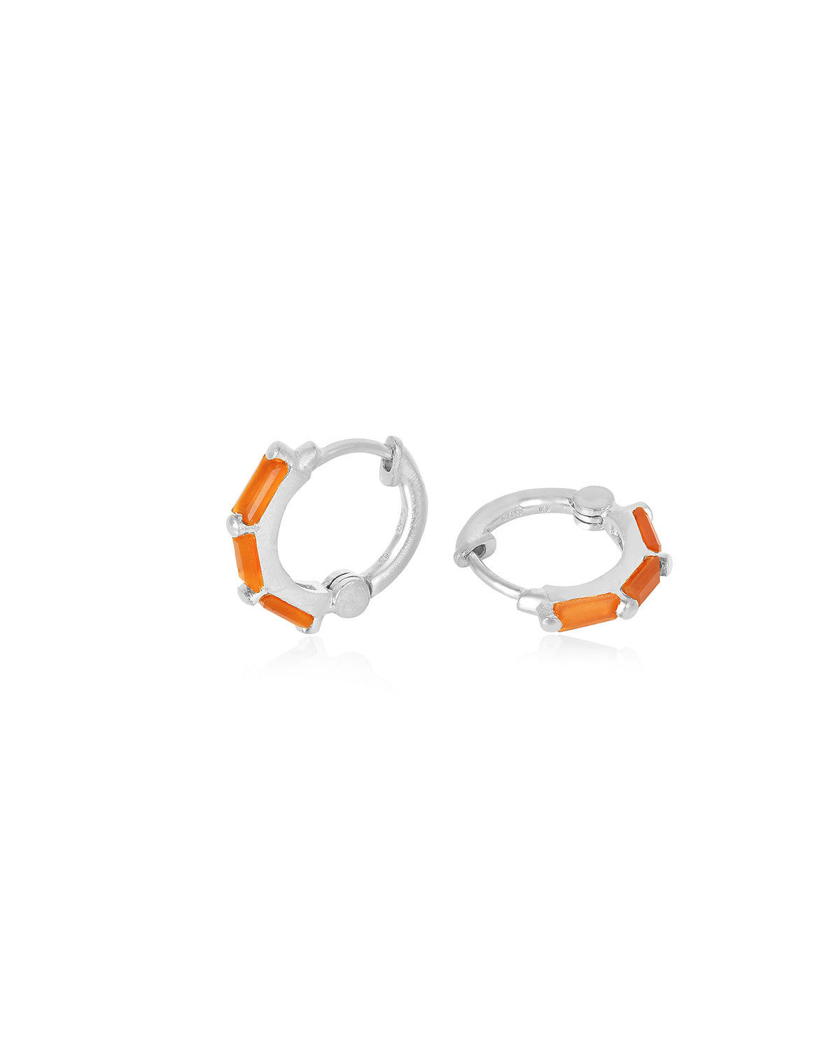 Silver mini hoop earrings with baguette-cut carnelian gemstones and a polished finish