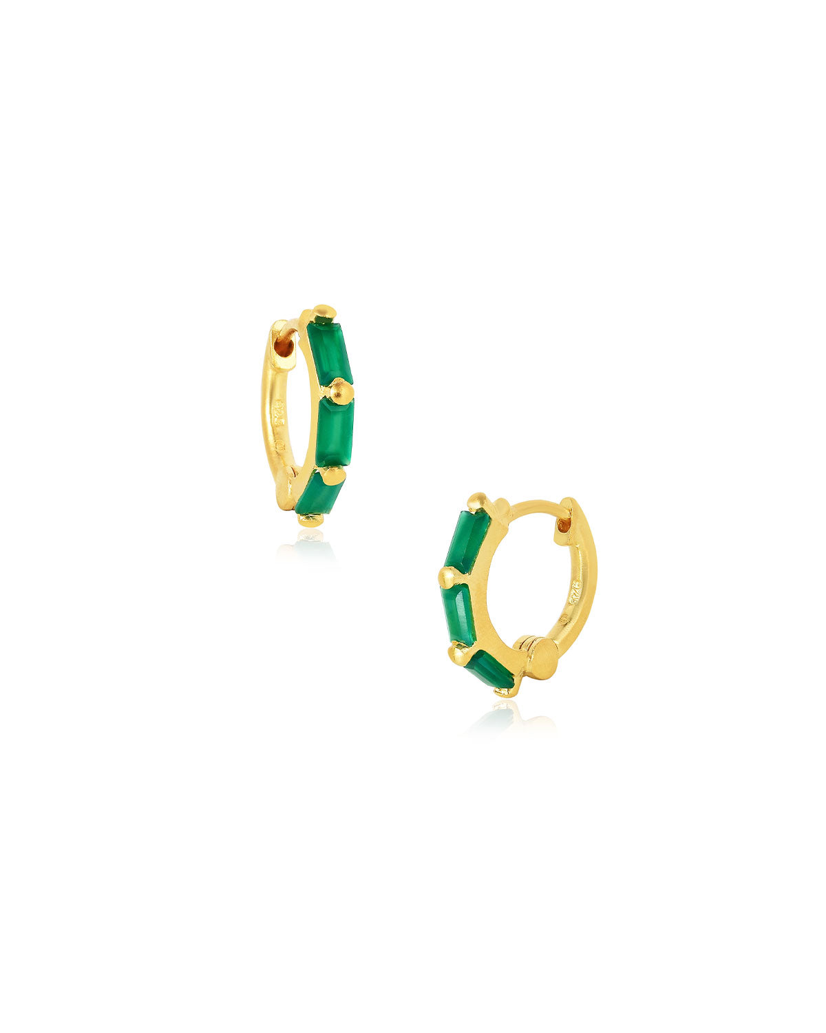 Gold mini hoop earrings with emerald green onyx gemstones in a baguette shape