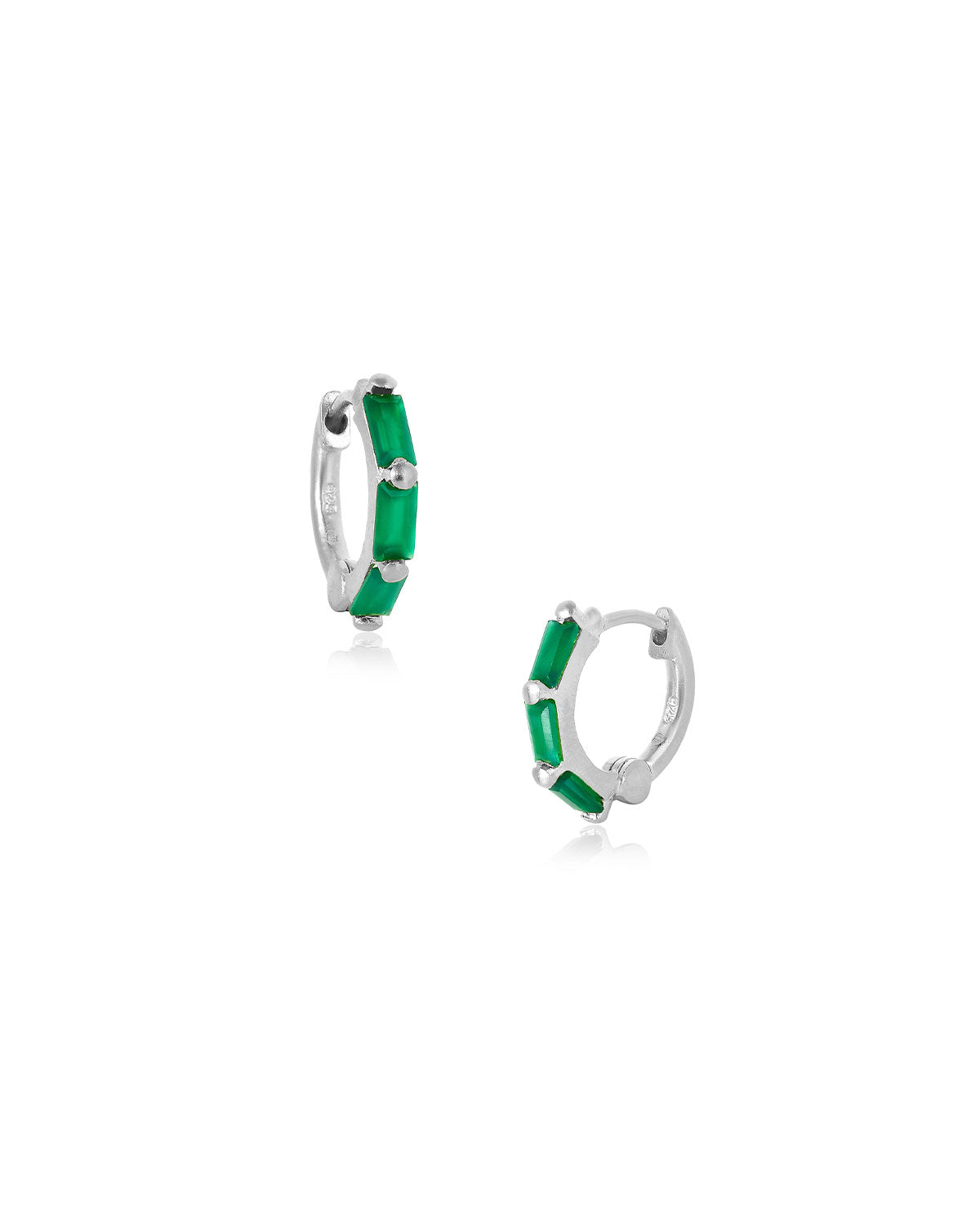Silver mini hoop earrings with emerald green onyx gemstones in a baguette shape
