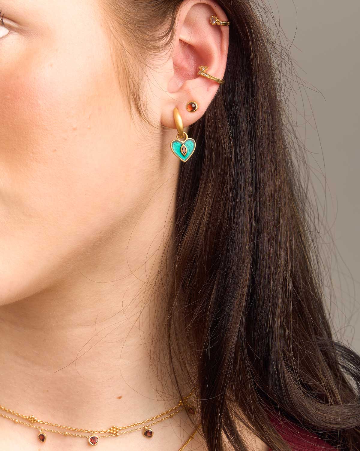 Garnet Love Heart Gold Vermeil Mini Hoops