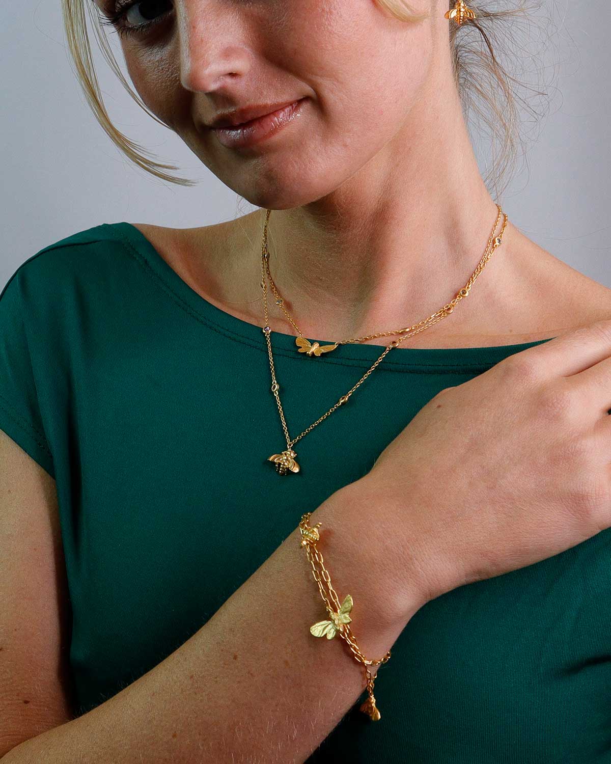 Statement gold bracelet with butterfly and bee charms, handmade in 22k gold vermeil