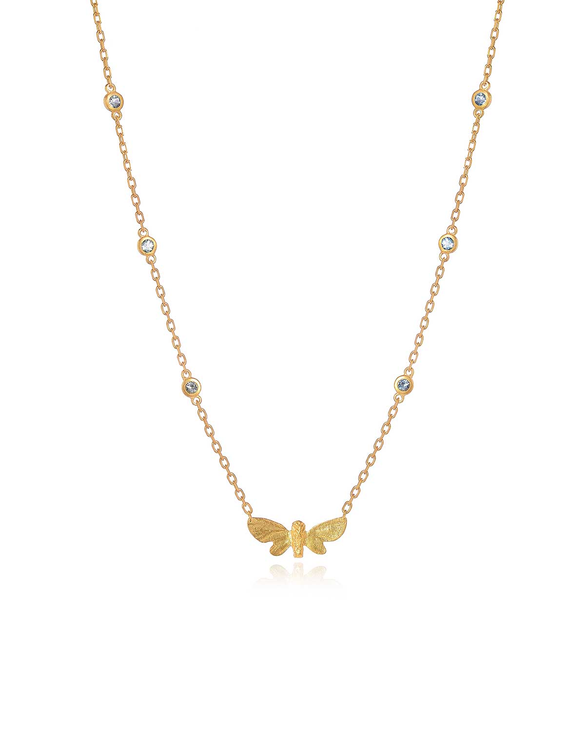 Gold butterfly necklace with vibrant blue topaz and pink tourmaline gemstones, handcrafted design