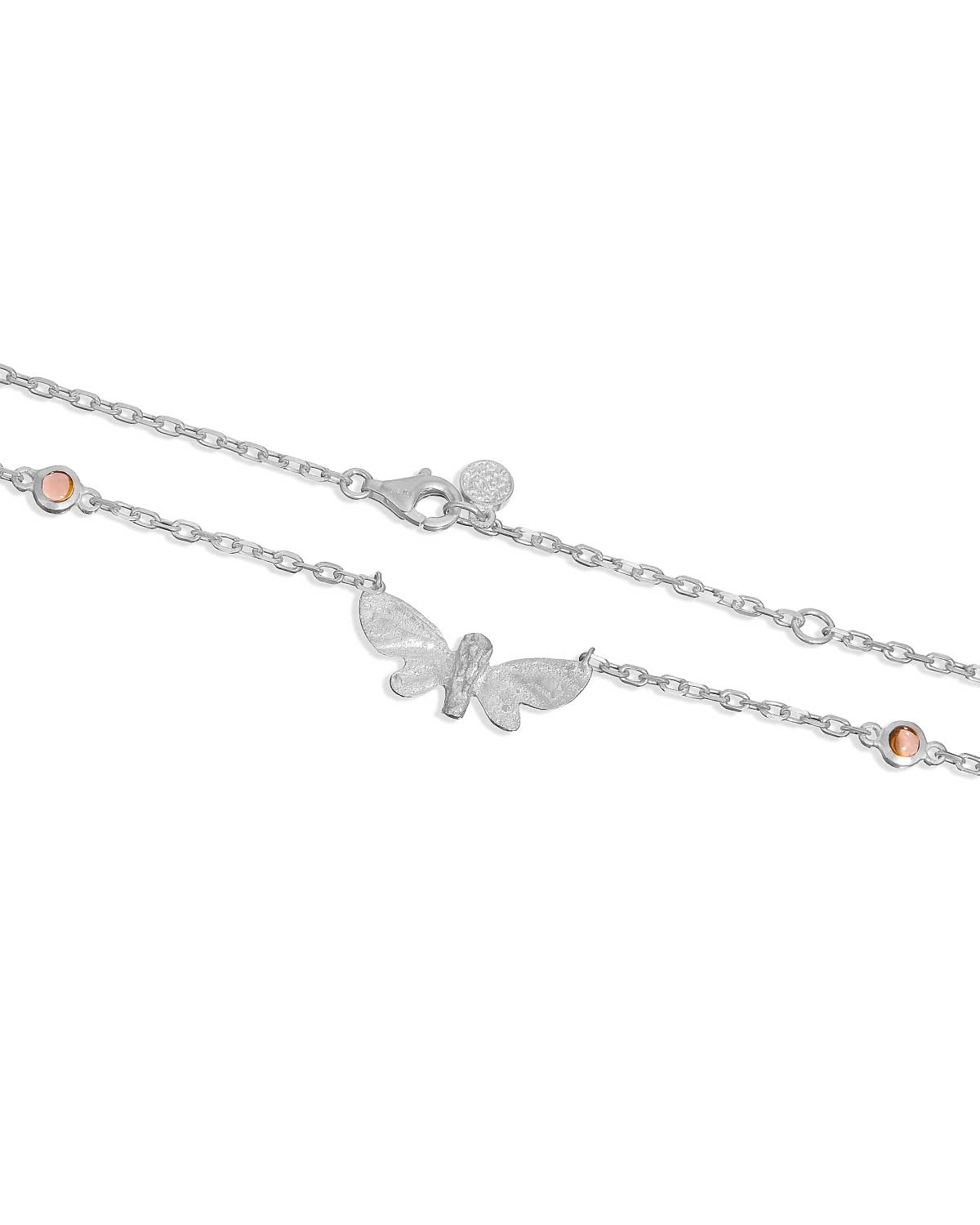 Handcrafted silver butterfly necklace with detailed butterfly charms and colorful gemstones