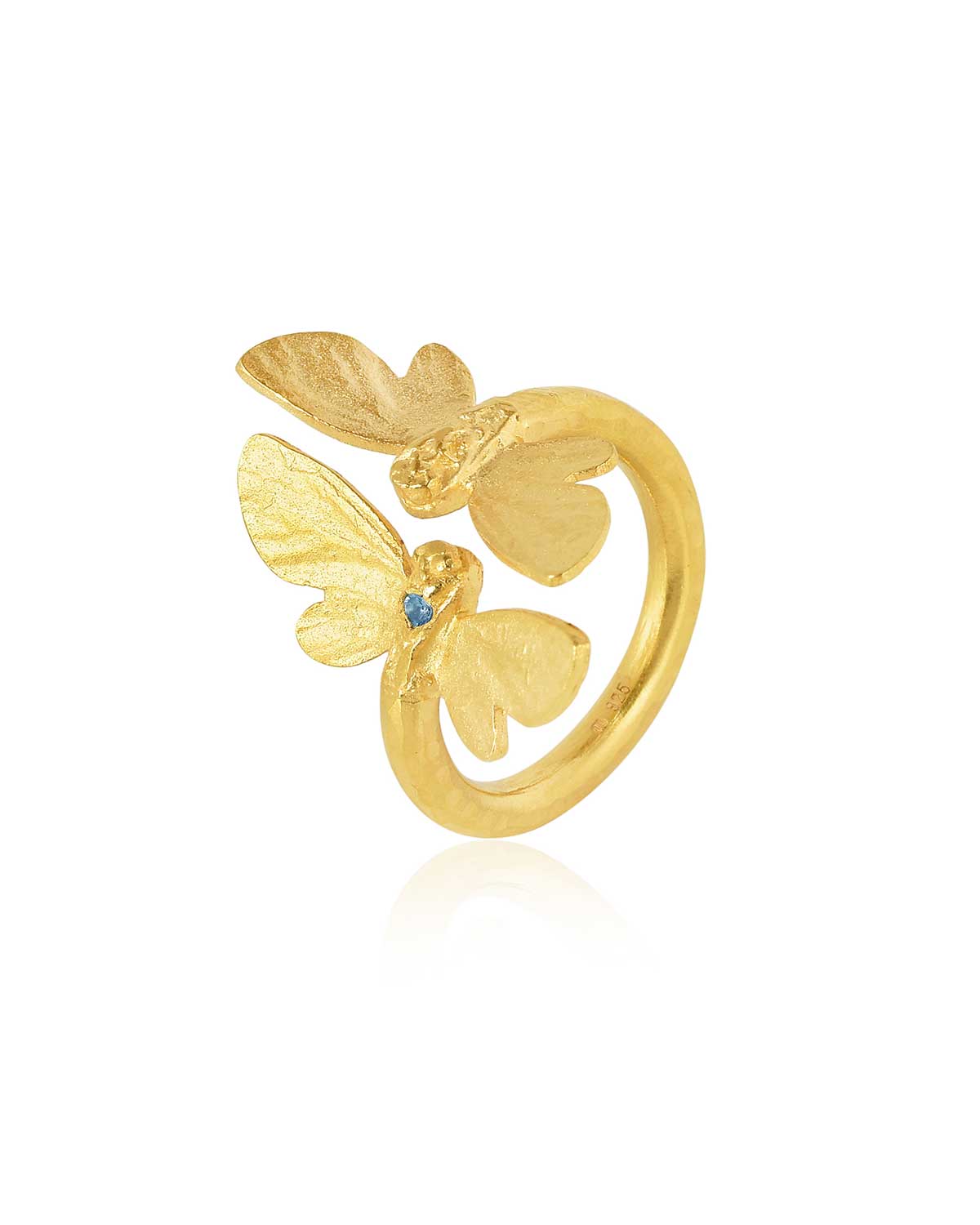 Adjustable gold ring with butterfly motifs and vibrant Swiss Blue Topaz gemstone for versatile fit