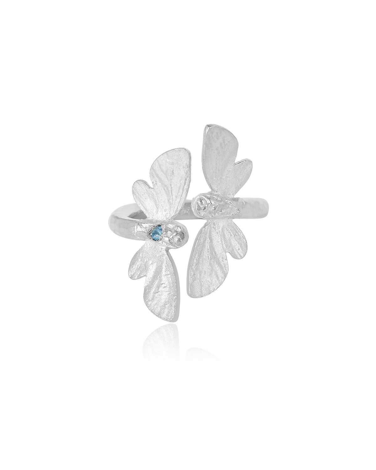 Handcrafted silver ring showing intricate butterfly details and Swiss Blue Topaz gemstone