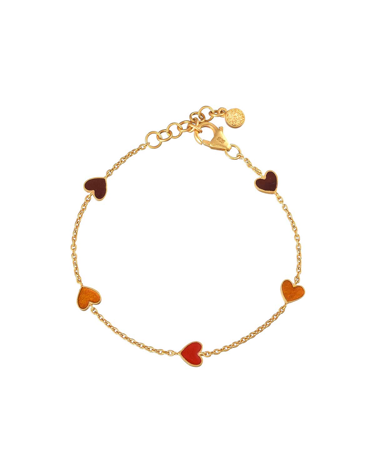 Gold bracelet with reversible enamel heart charms in mixed lipstick-inspired colours