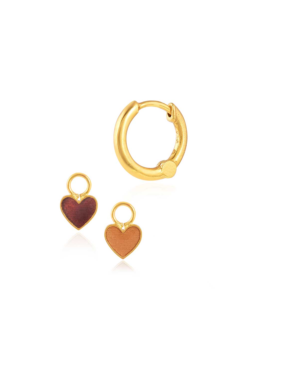 Gold mini hoop earrings with colourful enamel heart charms and a polished finish