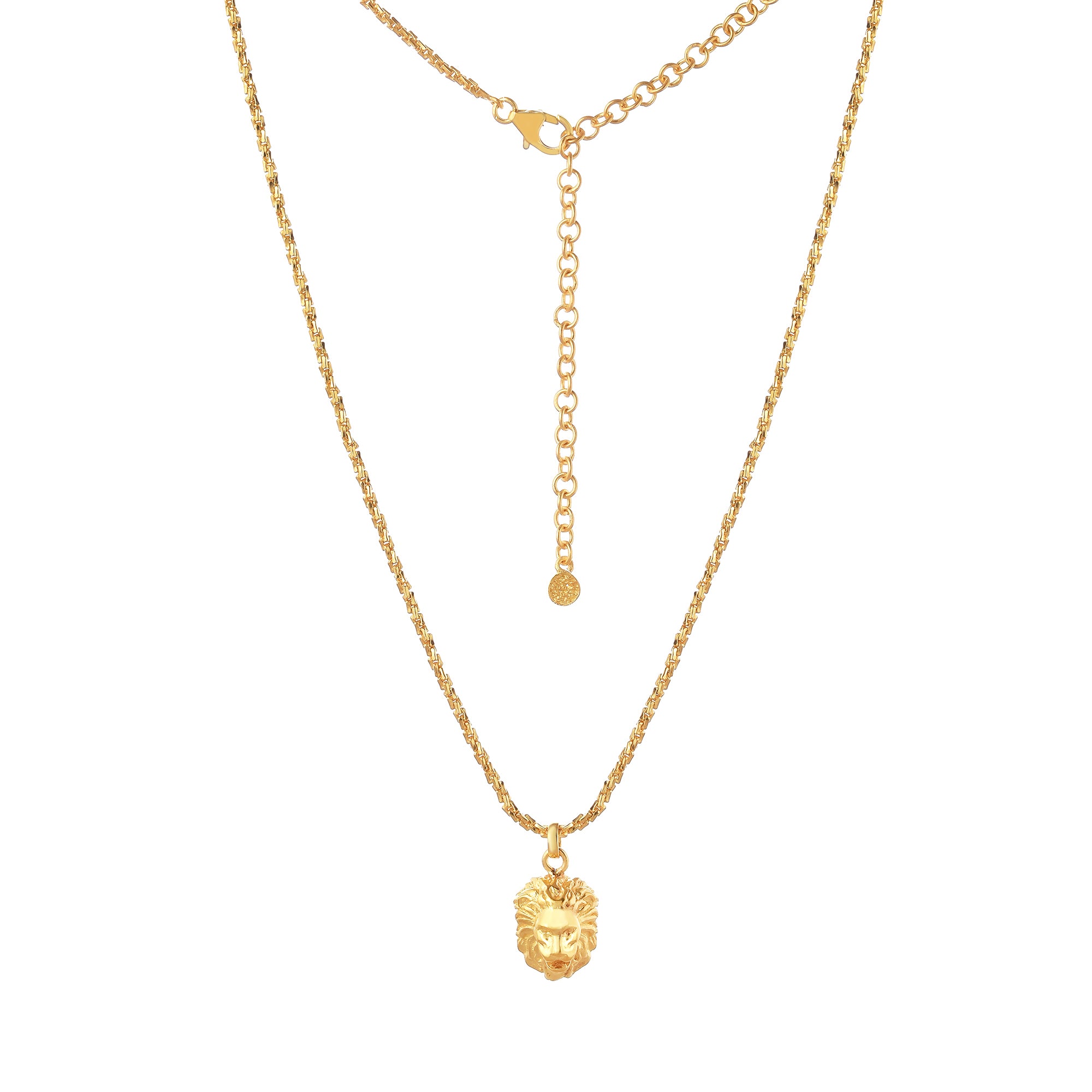 Gold lion pendant necklace with an adjustable chain and polished finish