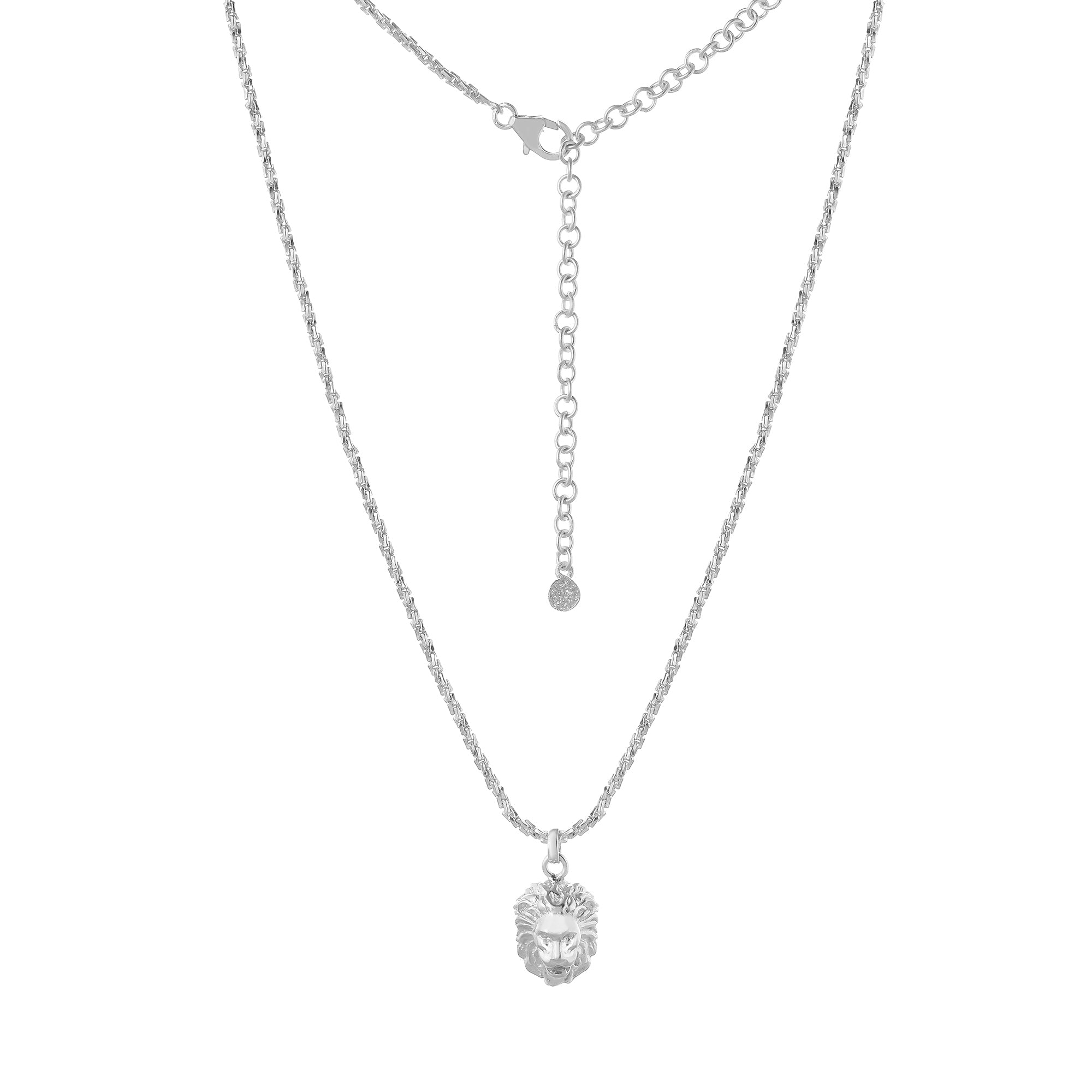Silver necklace with a lion pendant and adjustable textured chain