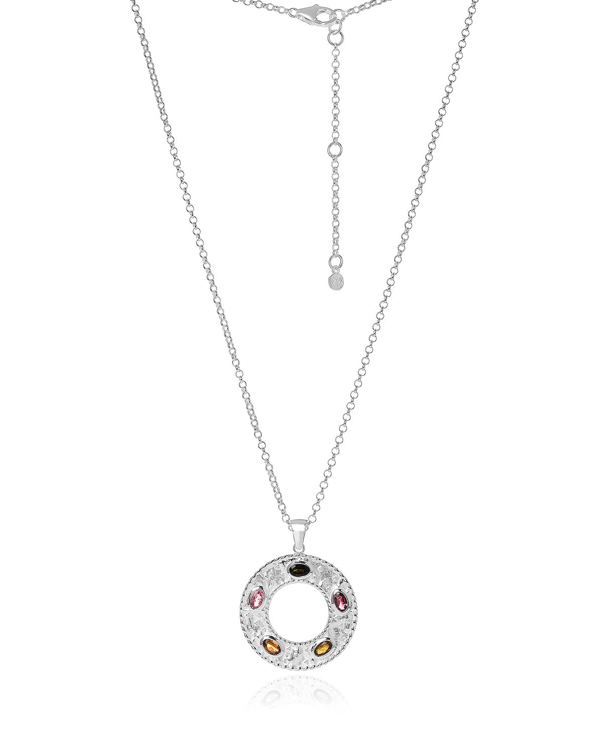 Detailed view of sterling silver pendant with colourful tourmaline gemstones