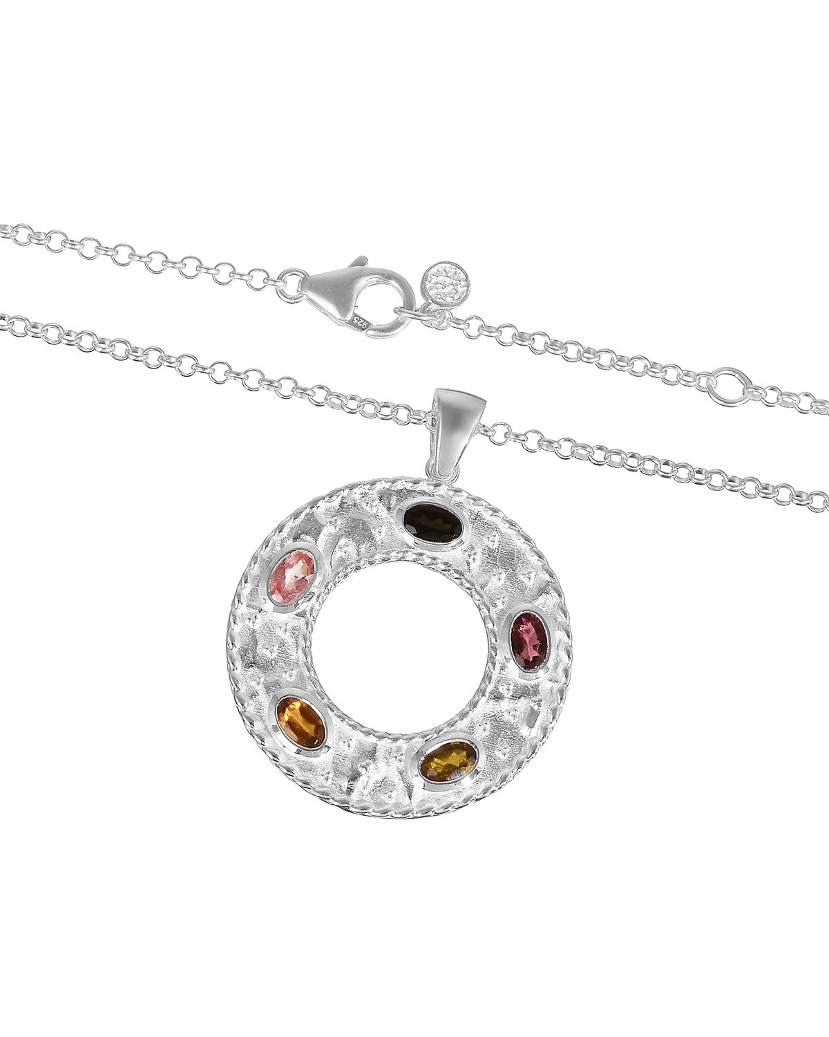 Sterling silver necklace with mixed tourmaline gemstones and an adjustable chain