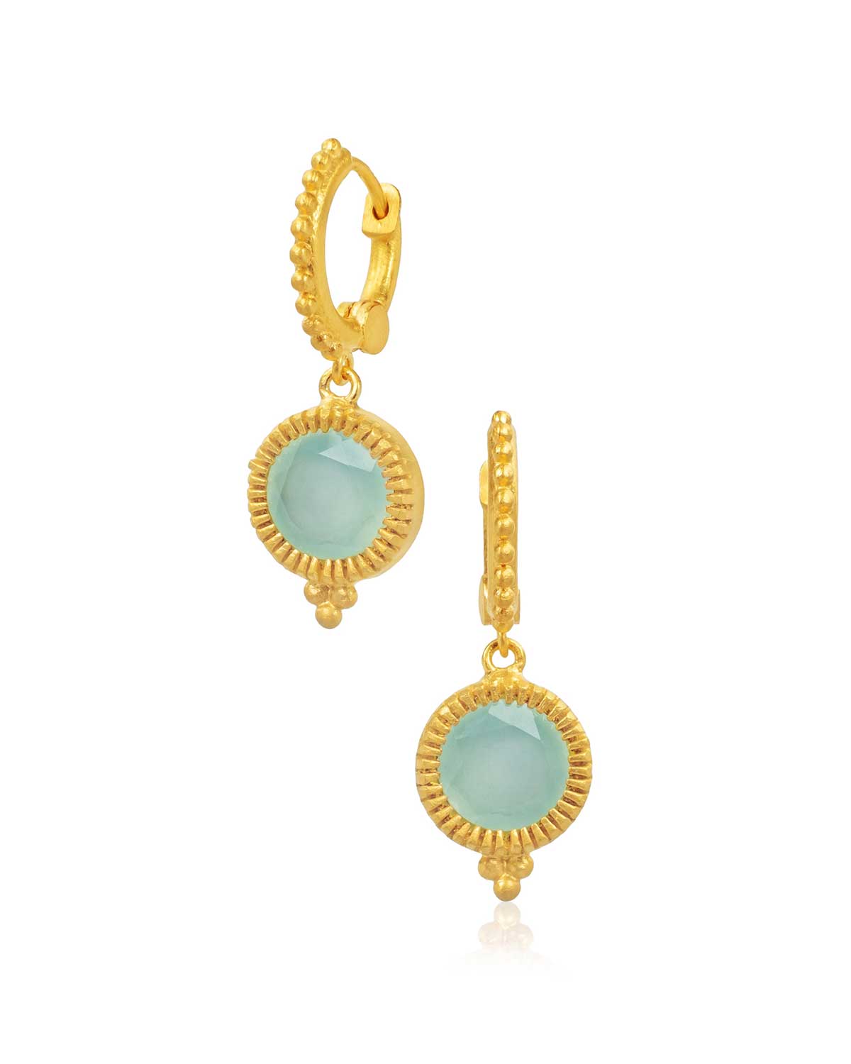 Gold mini hoop earrings with aqua chalcedony drop gemstones