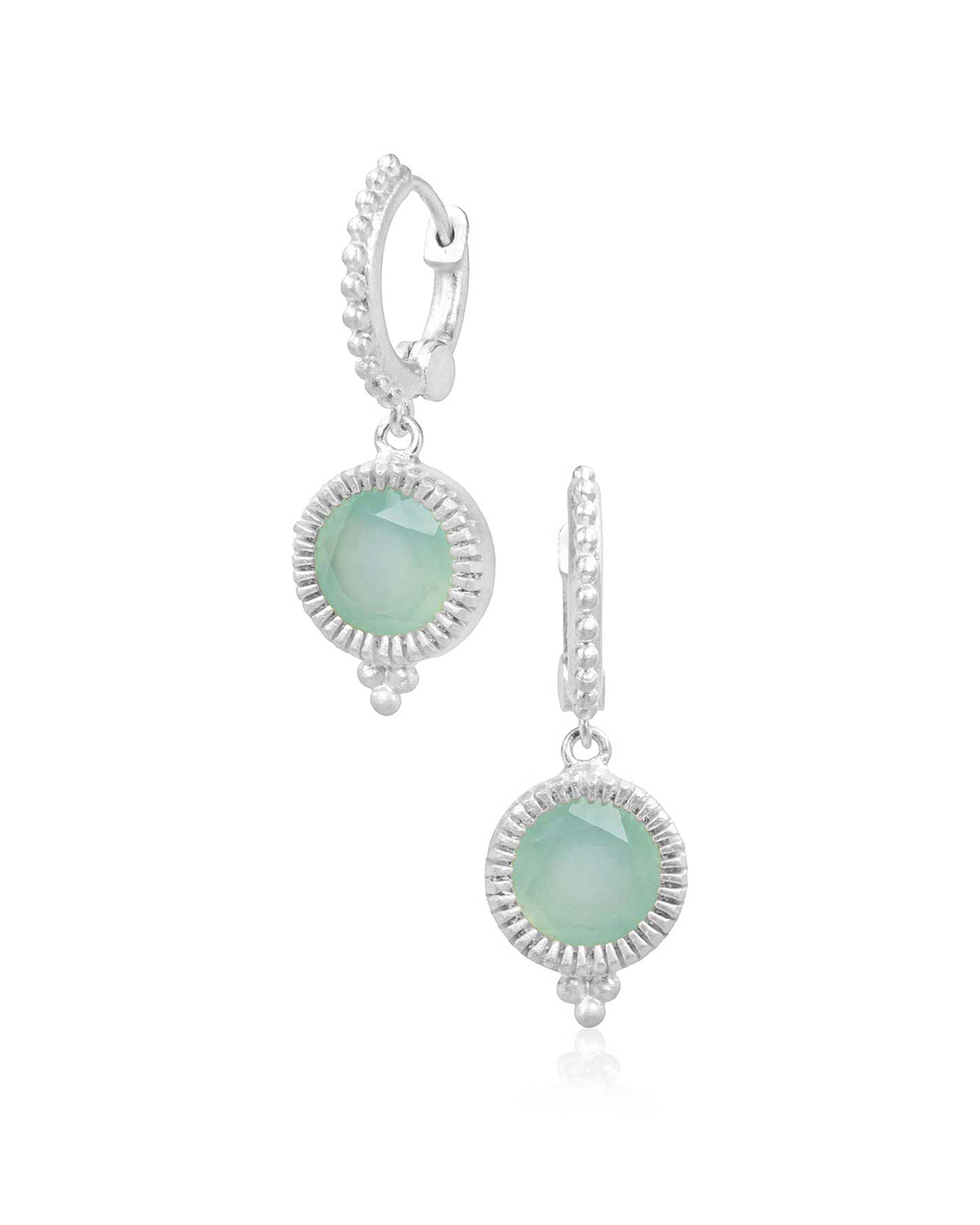 Silver mini hoop earrings with aqua chalcedony drop gemstones