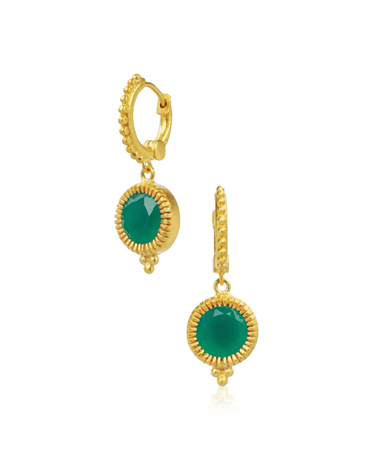 Gold mini hoop earrings with green onyx gemstones in a polished finish
