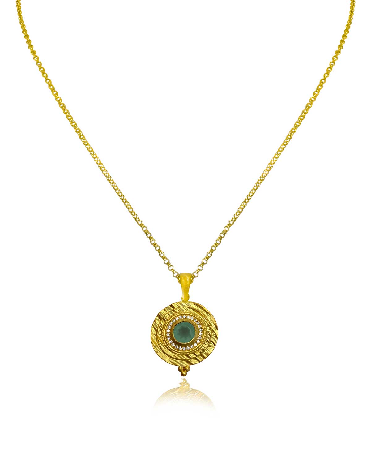 Gold necklace with labradorite and aqua chalcedony gemstones known for healing energy