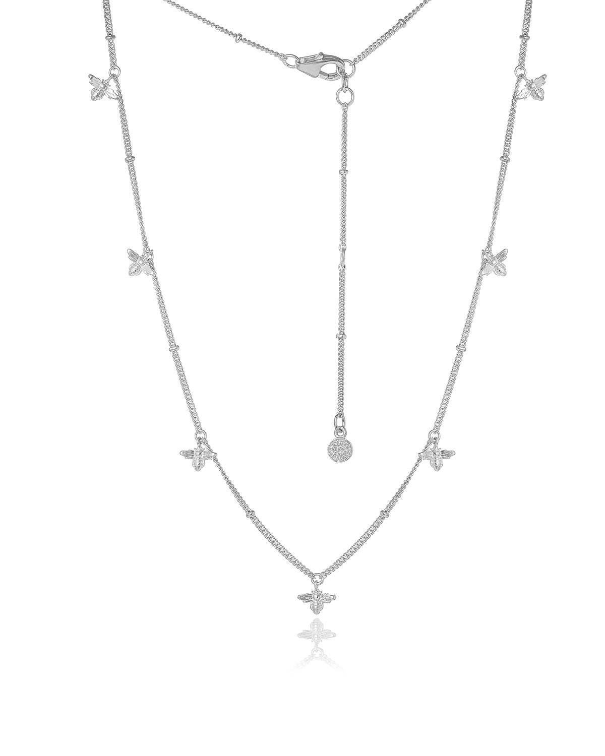 Sterling silver necklace with multiple handcrafted bee details and an adjustable chain