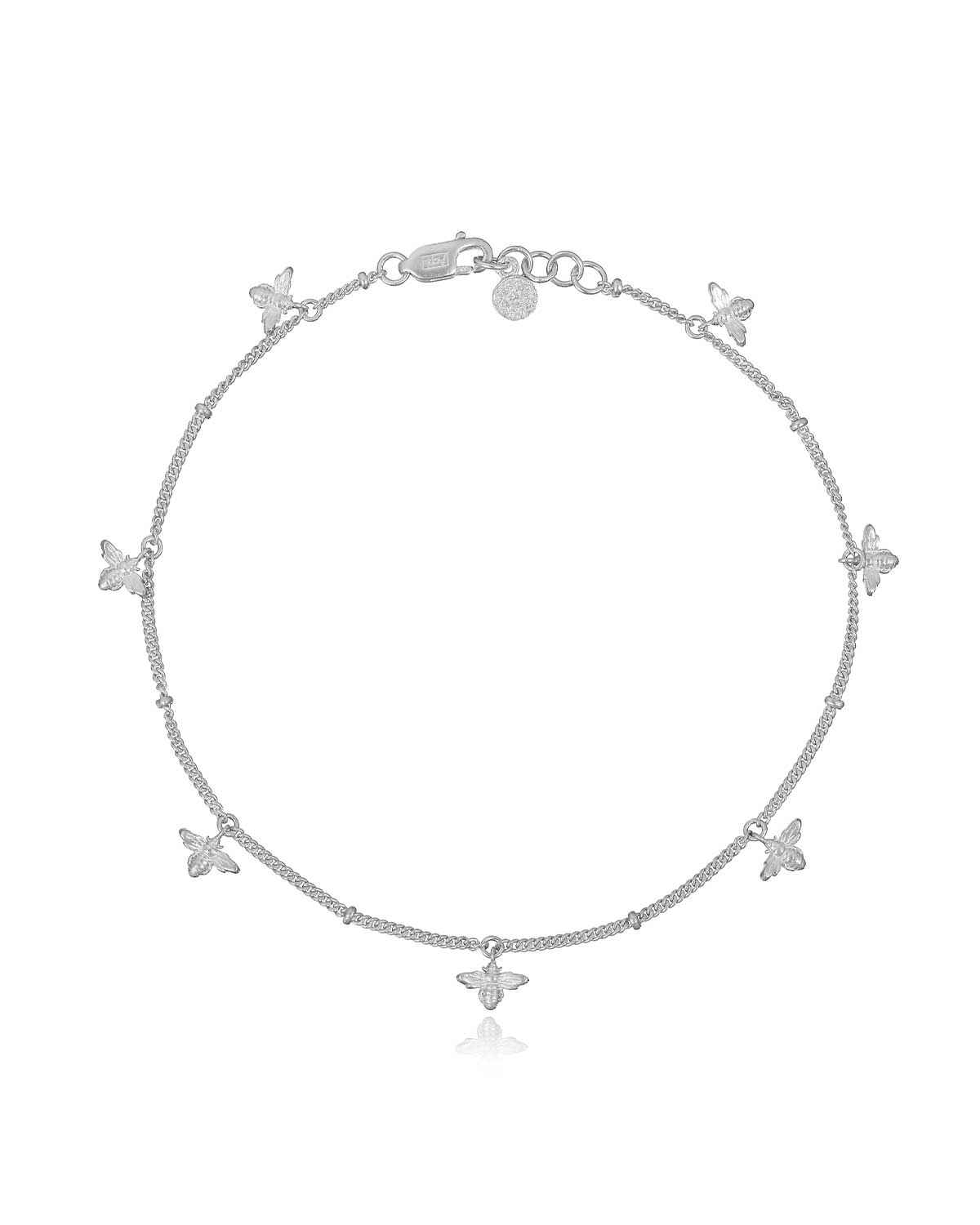 Sterling silver anklet with multiple handcrafted bee charms and an adjustable fit