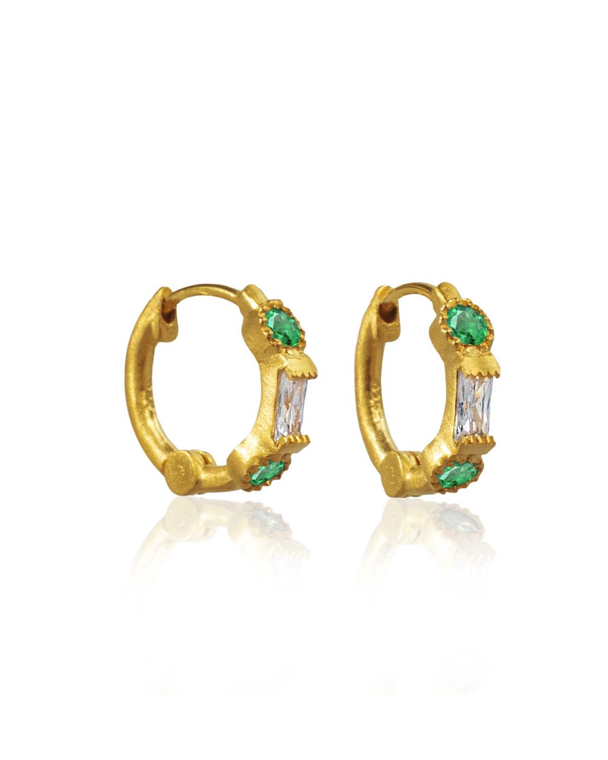 Gold mini hoop earrings with emerald gemstones and cubic zirconia accents