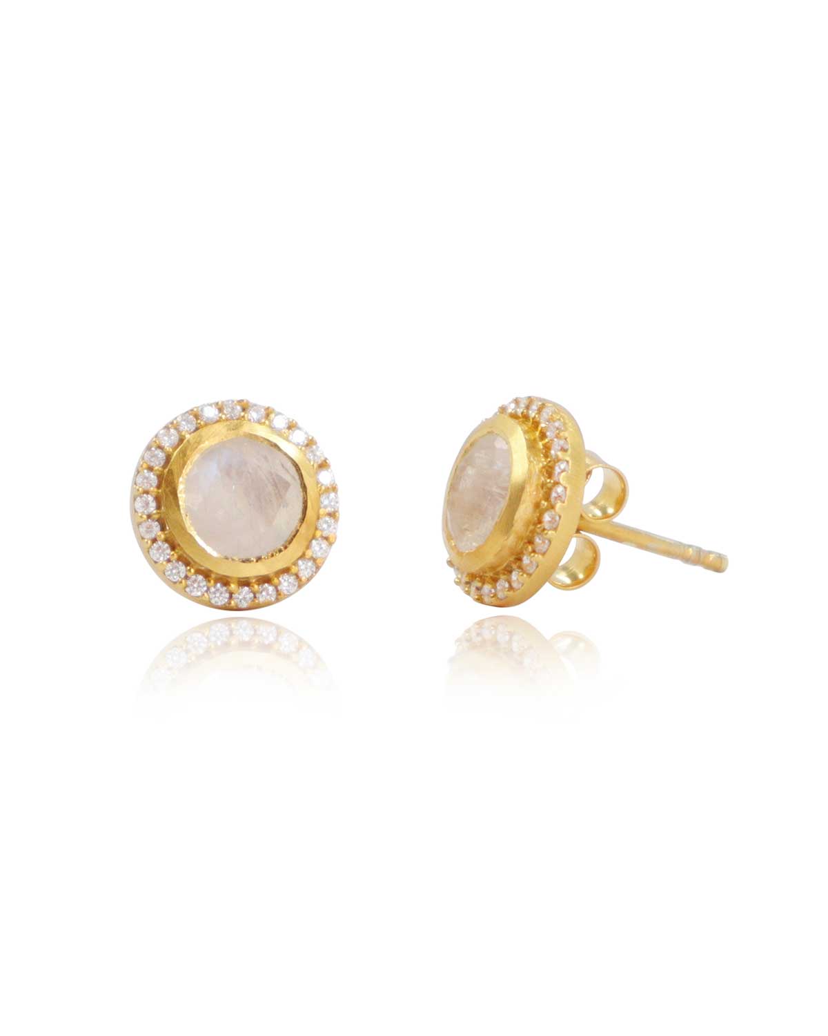 Gold stud earrings with rainbow moonstone and labradorite gemstones