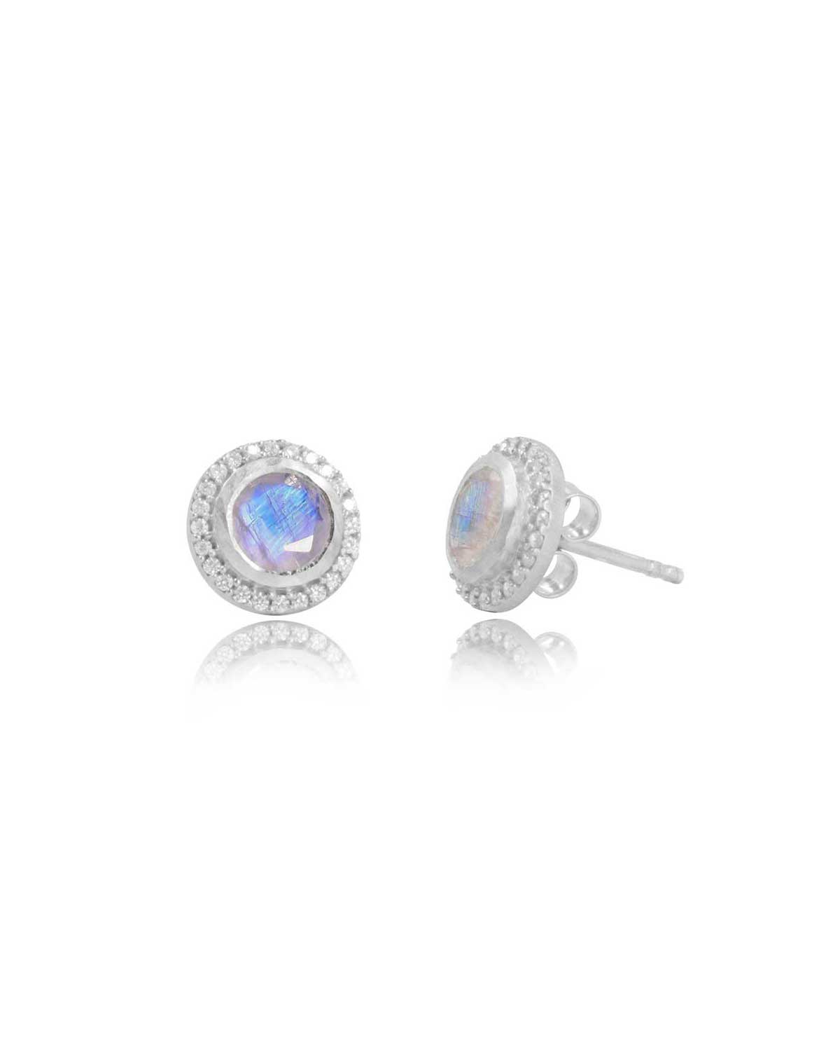 Silver stud earrings with rainbow moonstone and labradorite gemstones