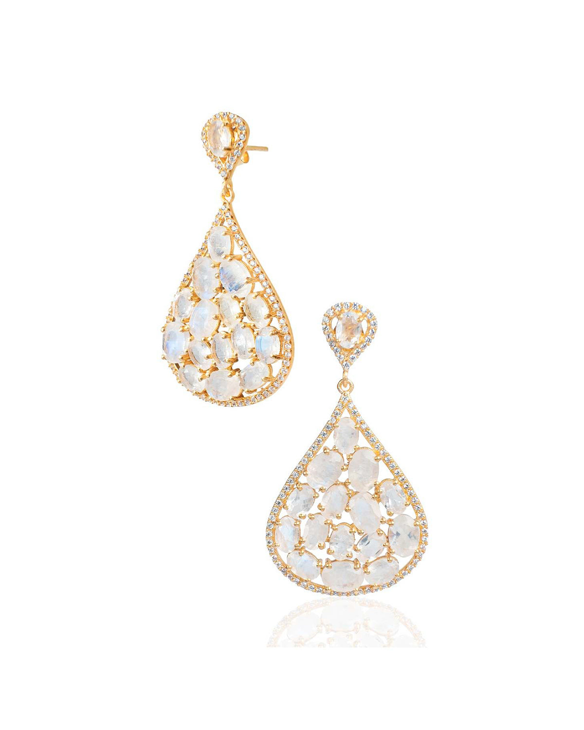 Statement gold earrings with rainbow moonstone and crystal detailing