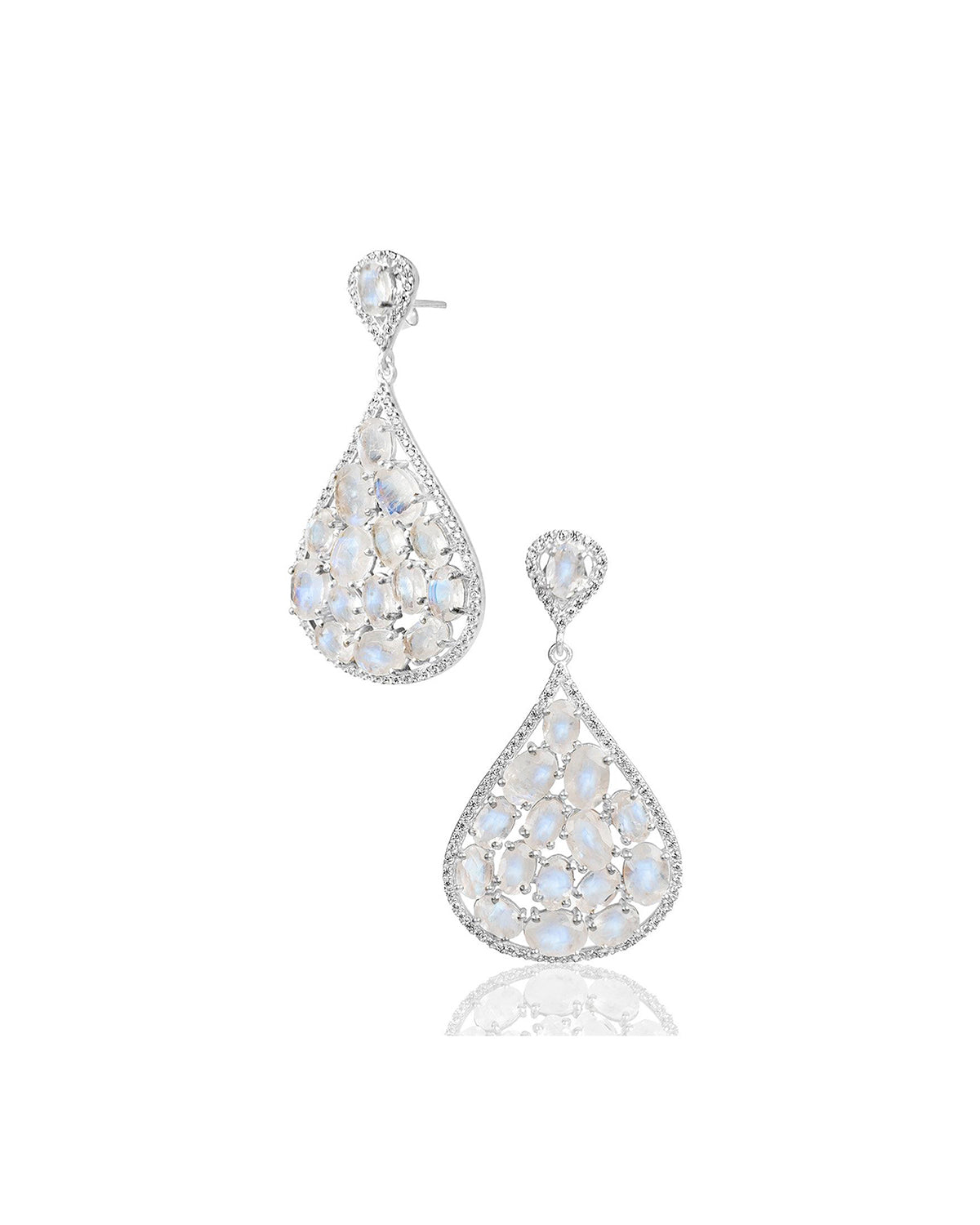 Statement silver earrings with rainbow moonstones and crystal detailing