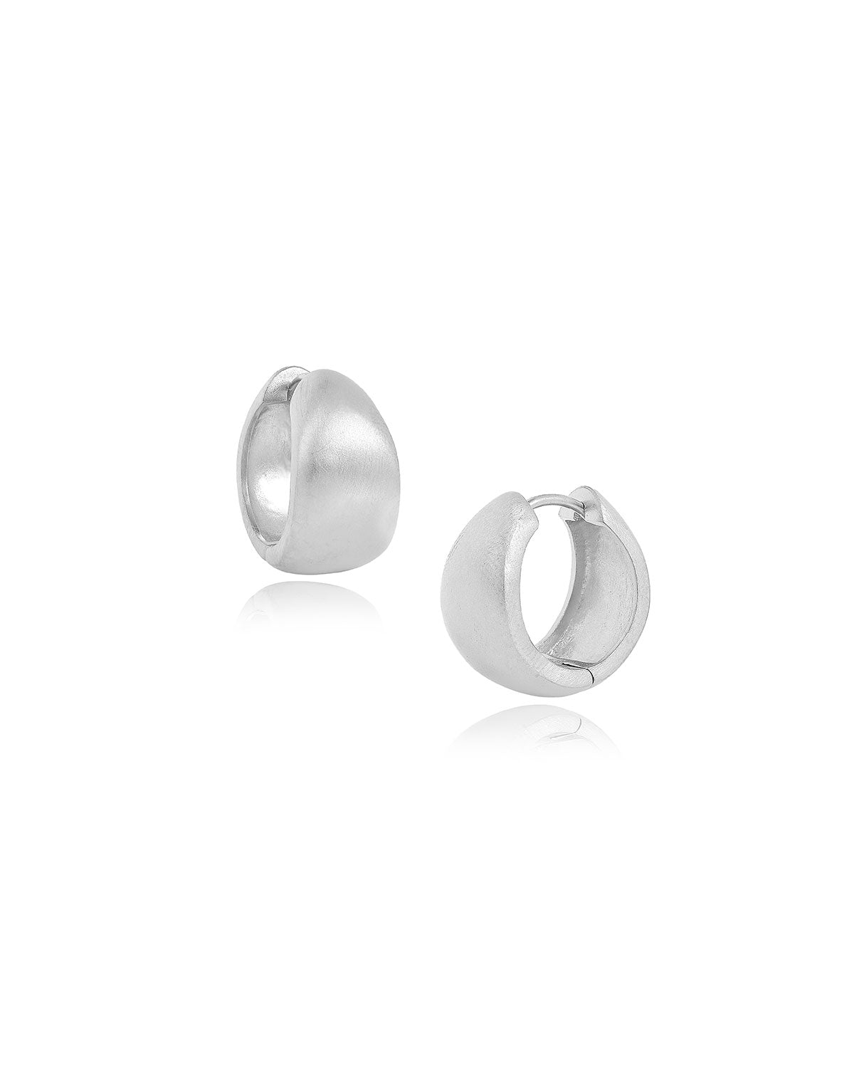 Silver mini hoop earrings with a chunky shape and satin finish
