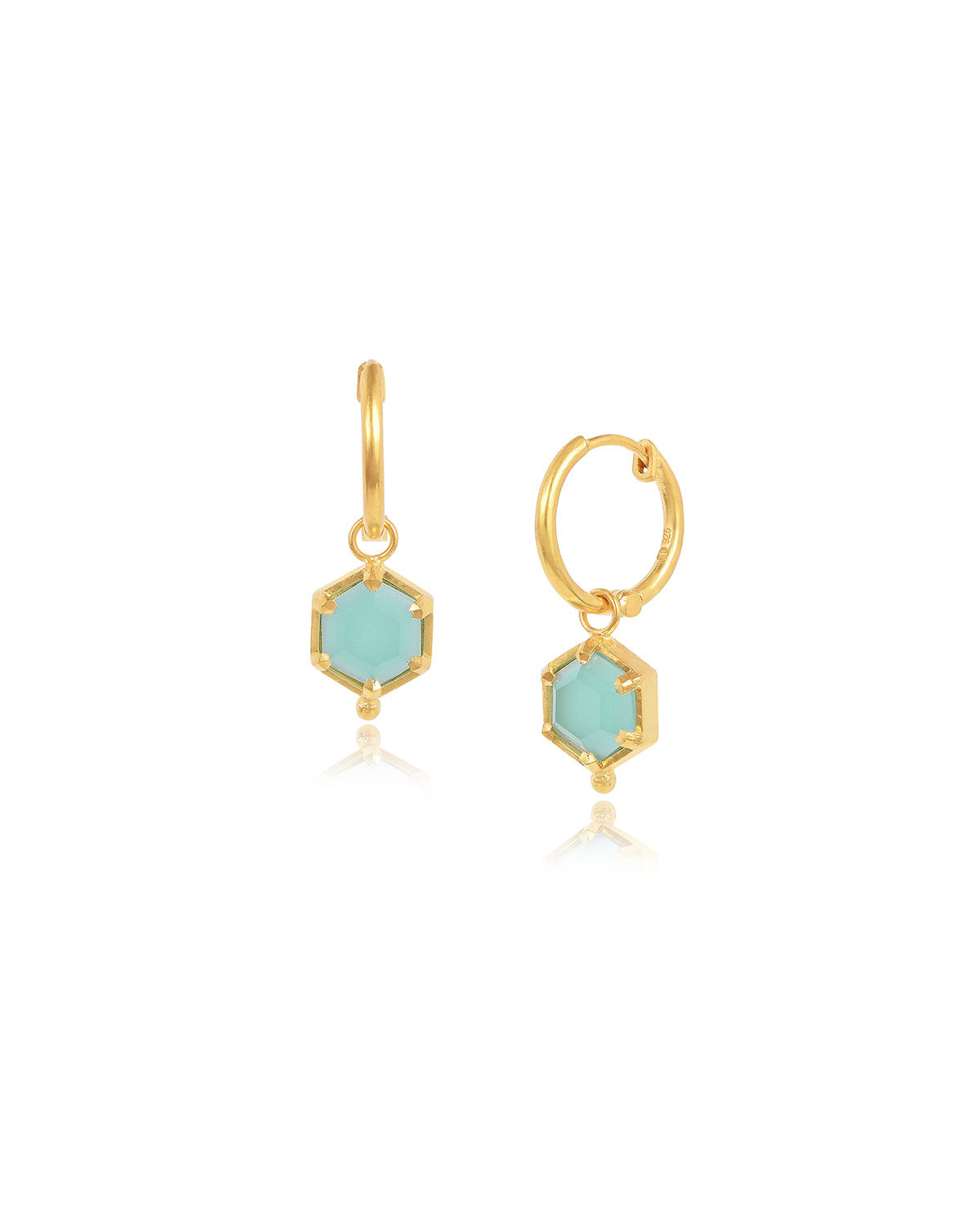 Gold mini hoop earrings with aqua chalcedony charms and secure click closure