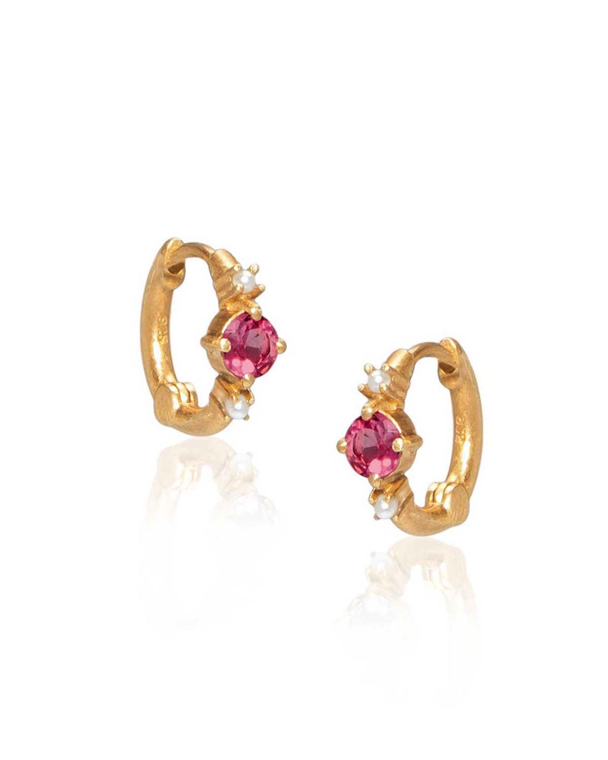 Gold mini hoop earrings with pink tourmaline gemstones and tiny pearls