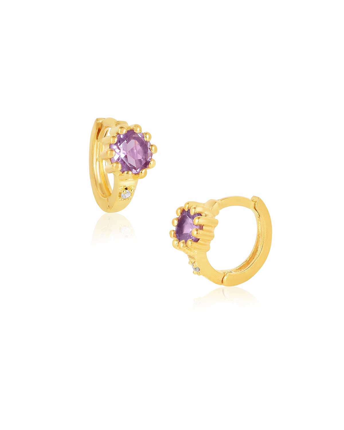 Gold mini hoop earrings with secure click clasp and gemstone detailing