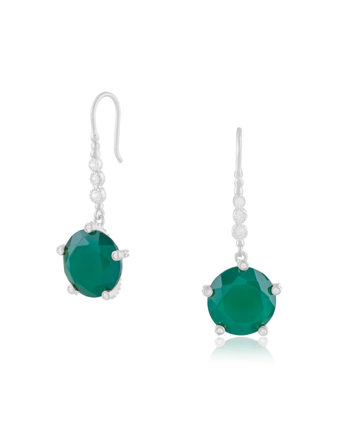 Silver earrings with emerald green onyx gemstones and delicate crystal details