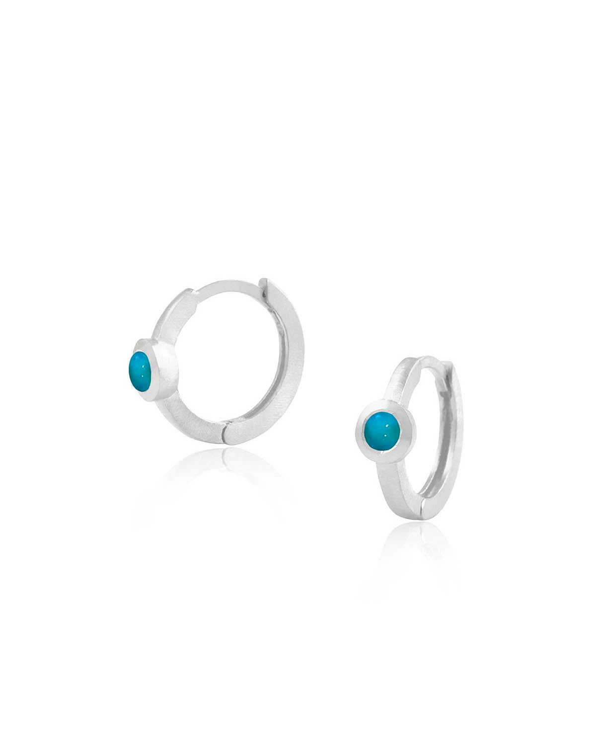 Silver mini hoop earrings with turquoise gemstones and a minimal design