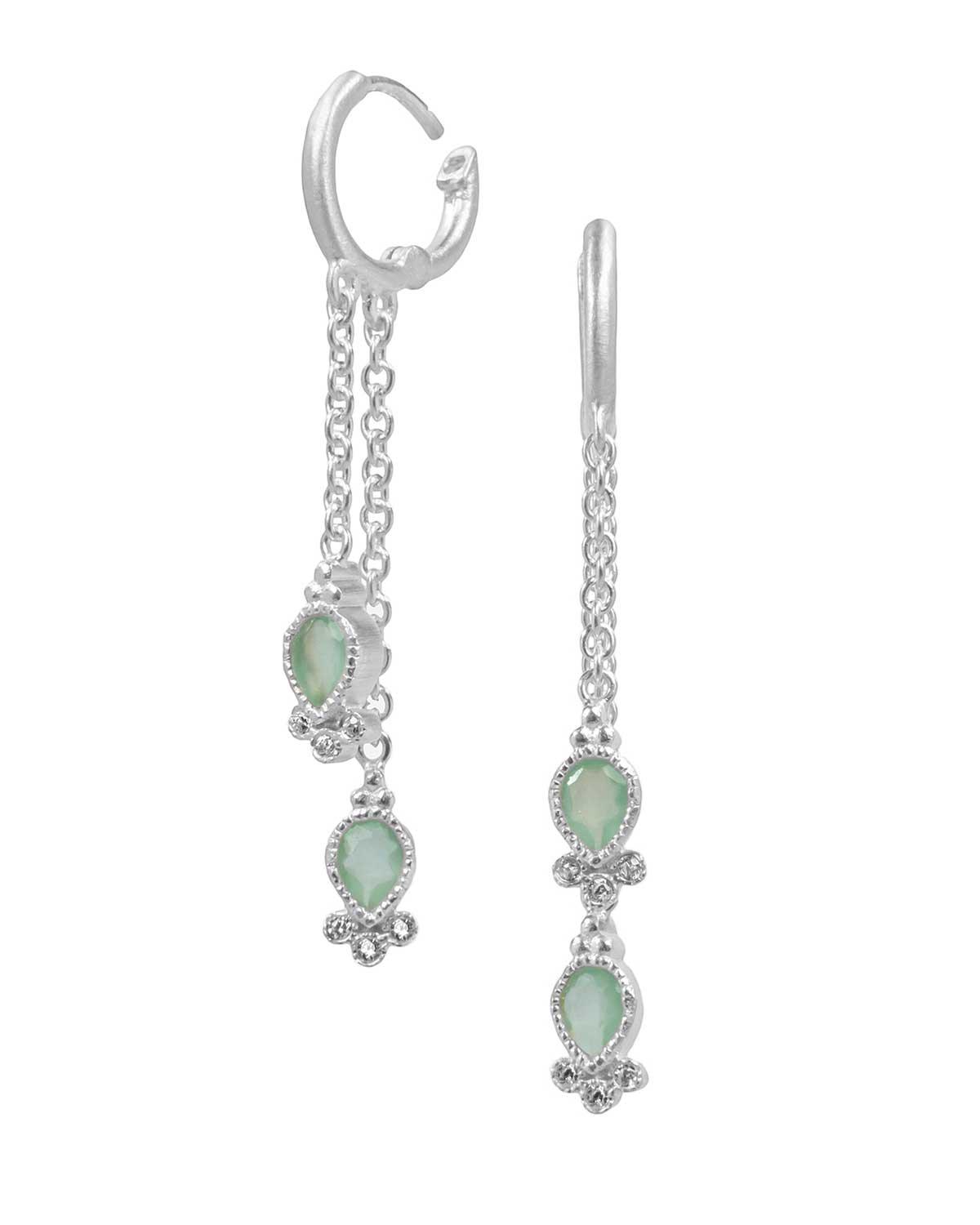 Mini hoop earrings with twin teardrop aqua chalcedony gemstone design