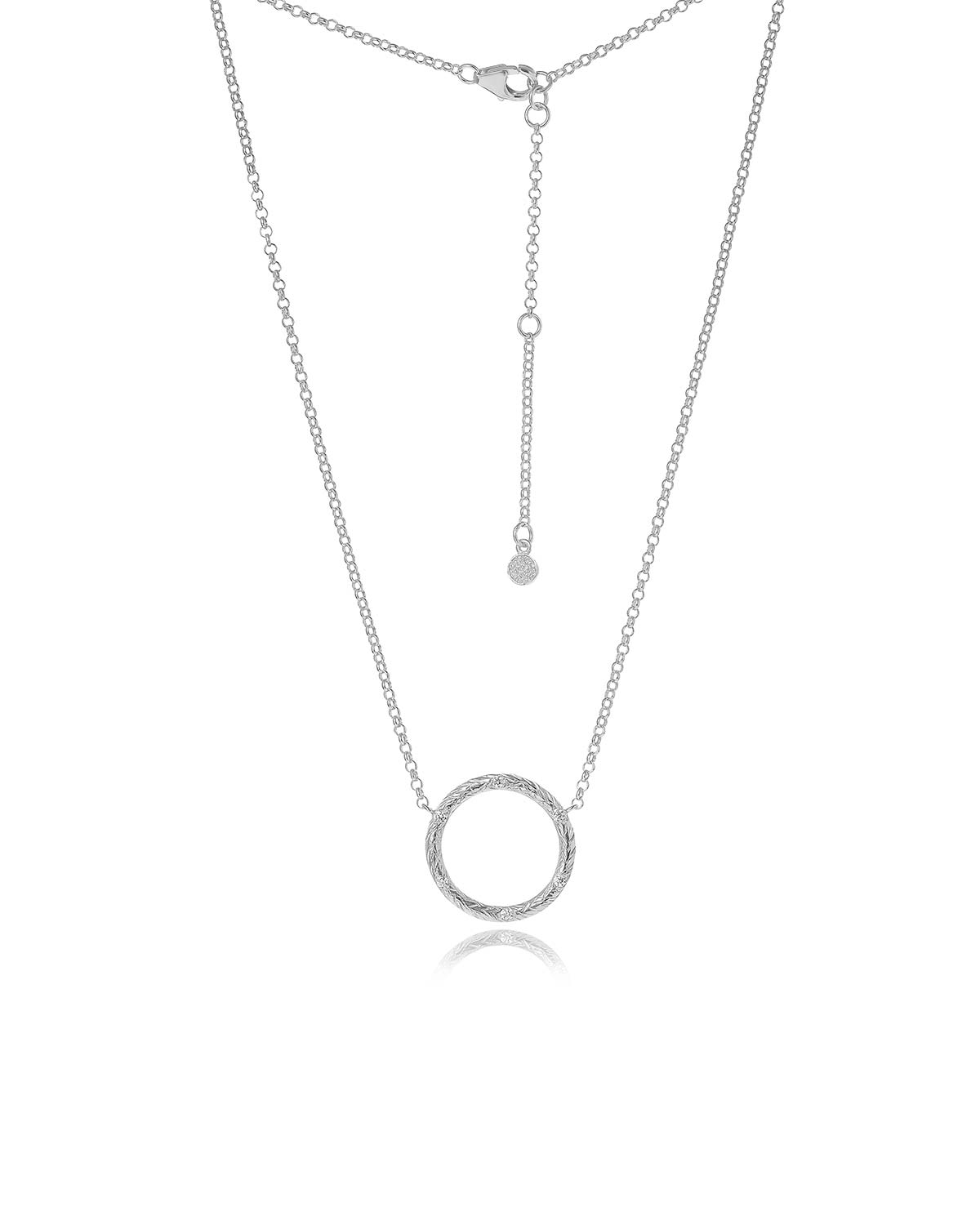 Sterling silver adjustable necklace with a circle pendant set with six diamonds