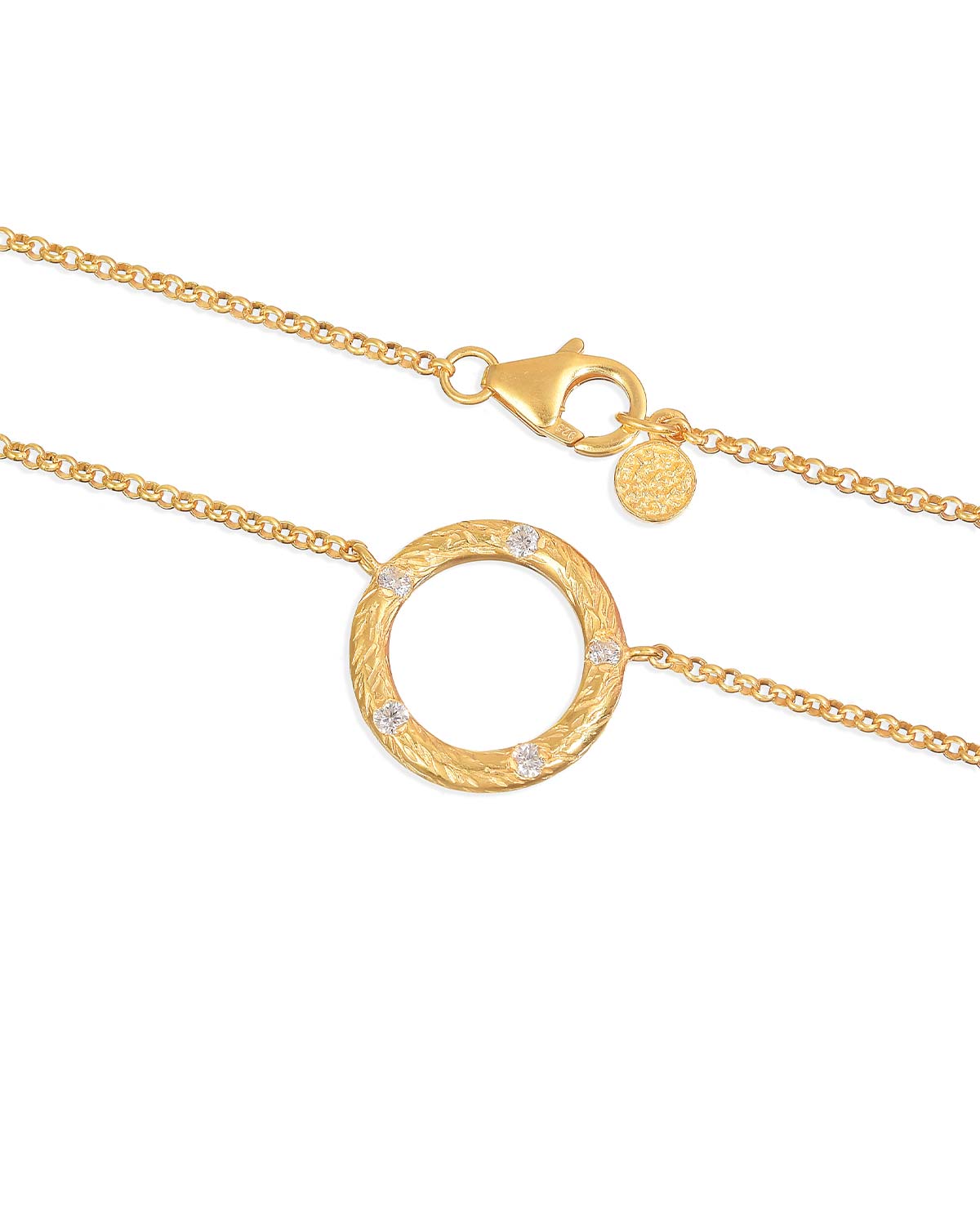 Gold necklace with smaller circle pendant set with six round diamonds