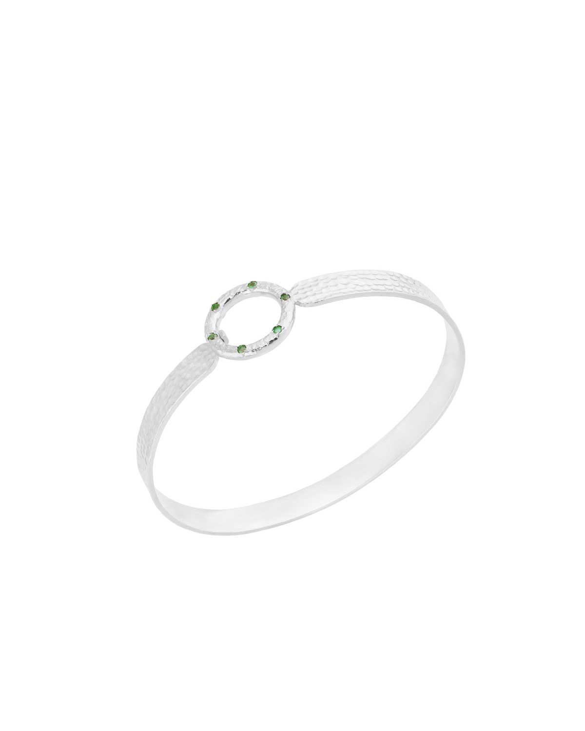 Sterling silver flexible bangle with diamond moissanite stones and a hammered finish