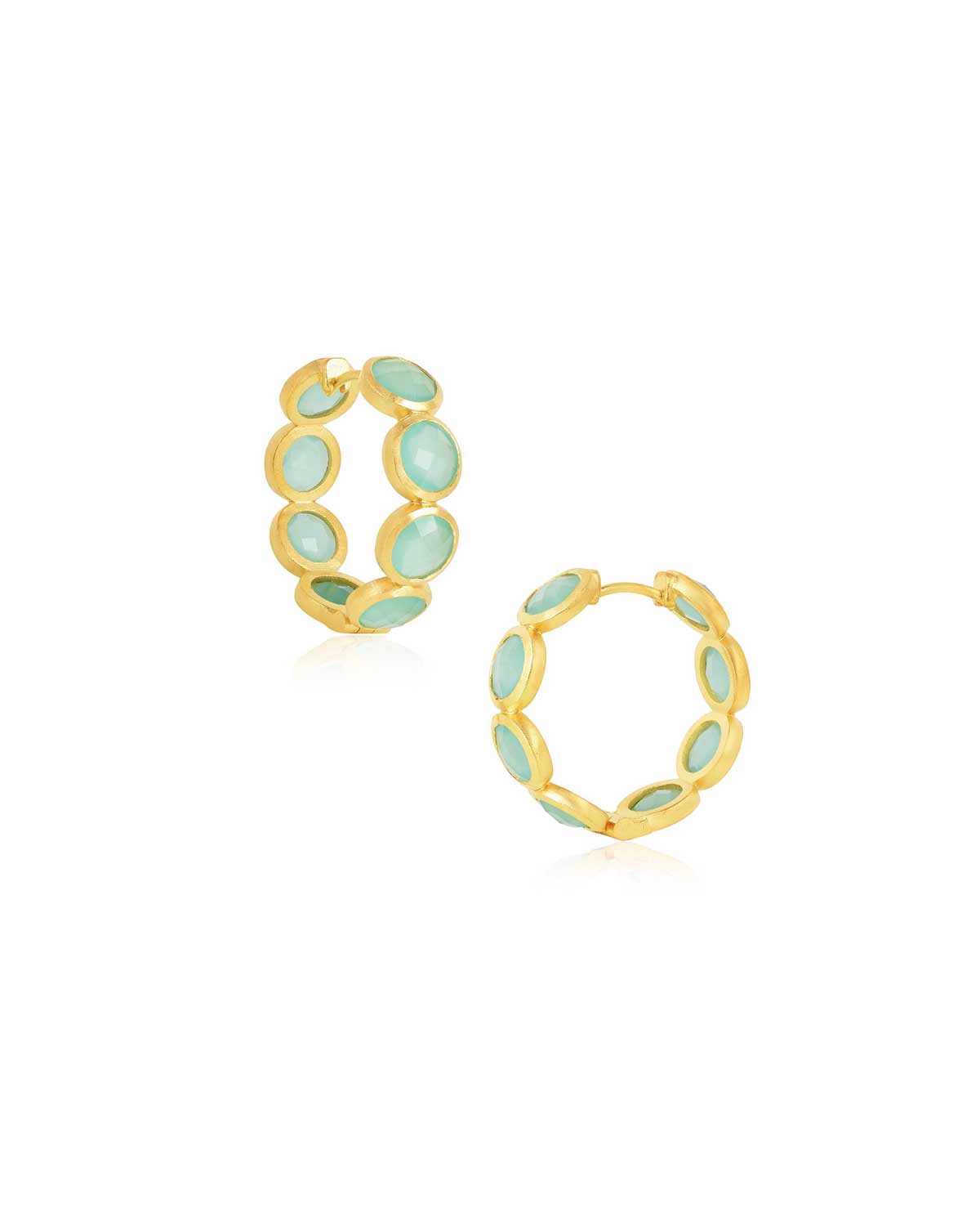 Gold hoop earrings with aqua calcedony gemstones and a polished finish
