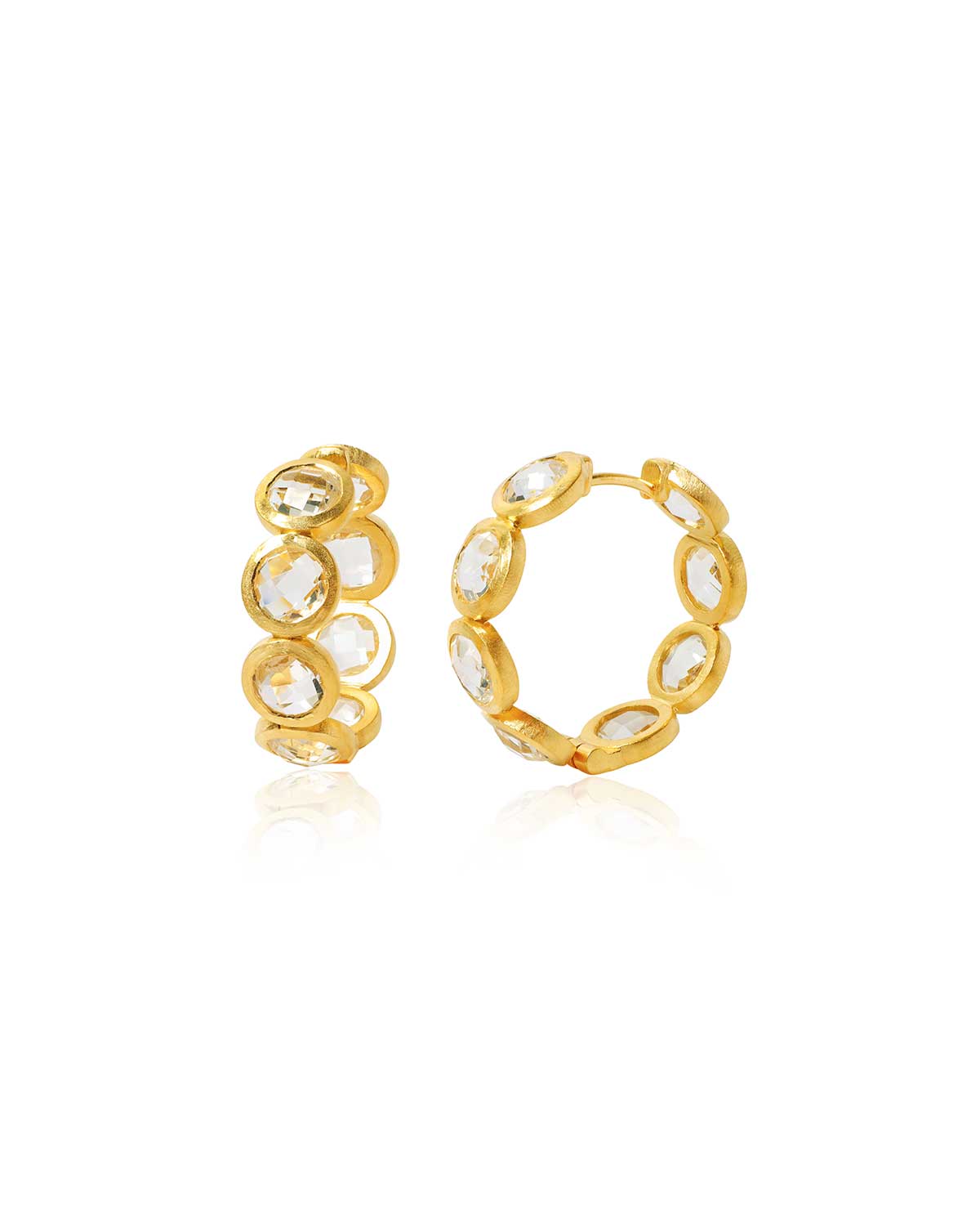 Gold hoop earrings with natural crystal gemstones in a midsize design