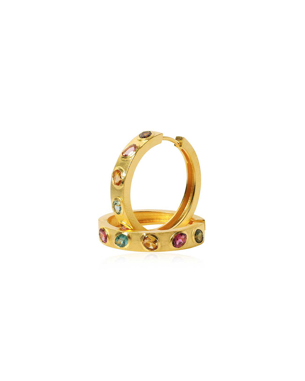 Colourful gold hoop earrings with natural tourmaline gemstones