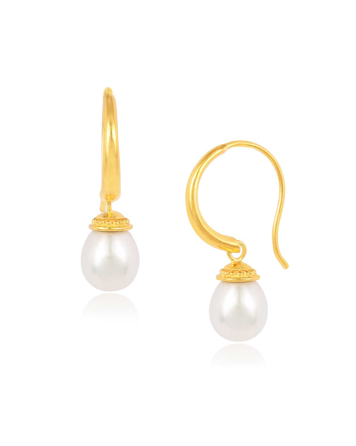 Gold earrings with white pearls, front and side view