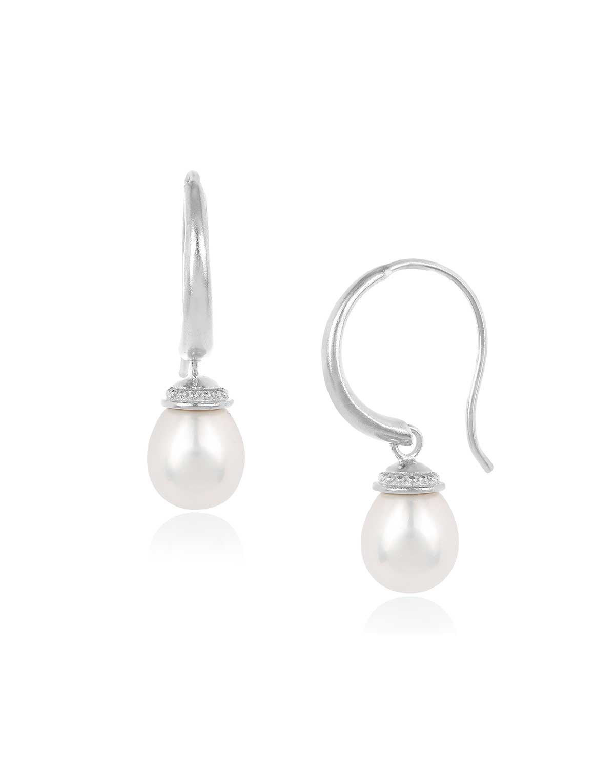 Tranquillity Natural Pearl Silver Drop Earrings with front and side view