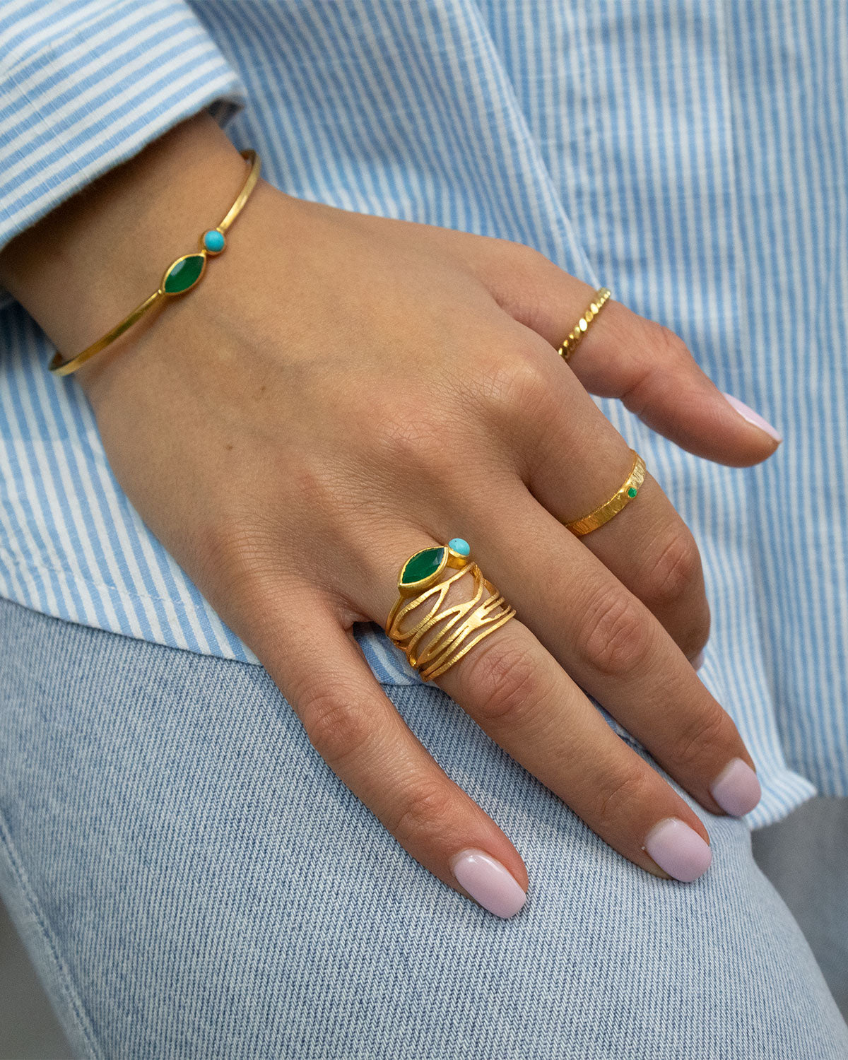 The ‘Euphorie’ Green Onyx & Tourques Gold Bangel - Moon London