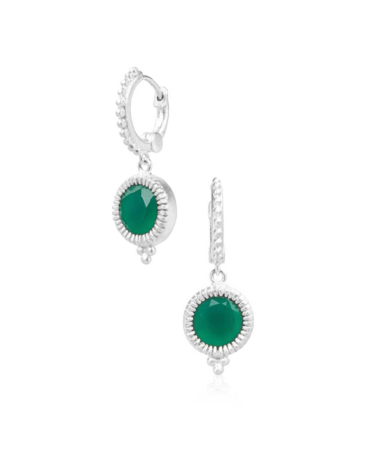 Maya Green Onyx Silver Huggie Earrings - Moon London