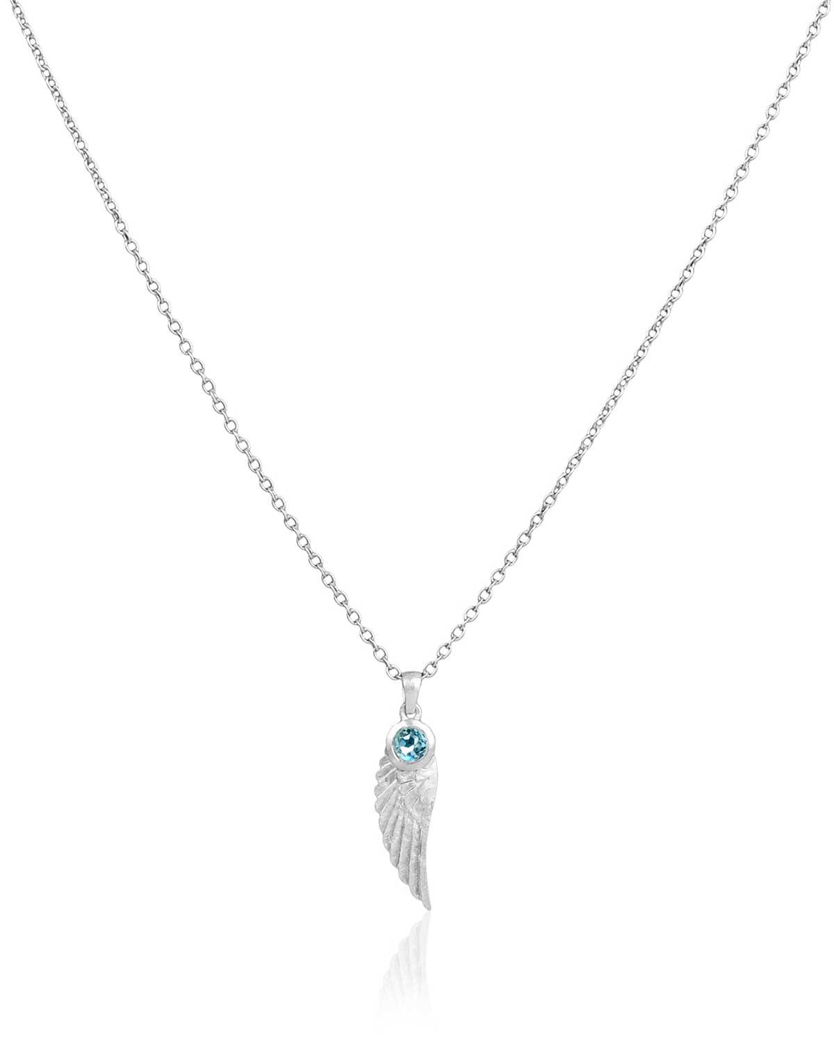 Silver angel wing necklace with natural gemstone and polished finish