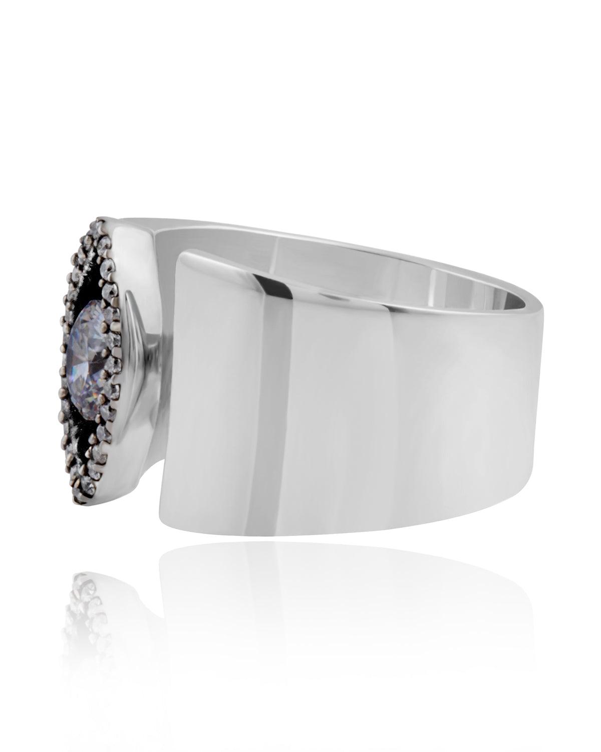 Side angle of chunky silver ring with cubic zirconia detailing