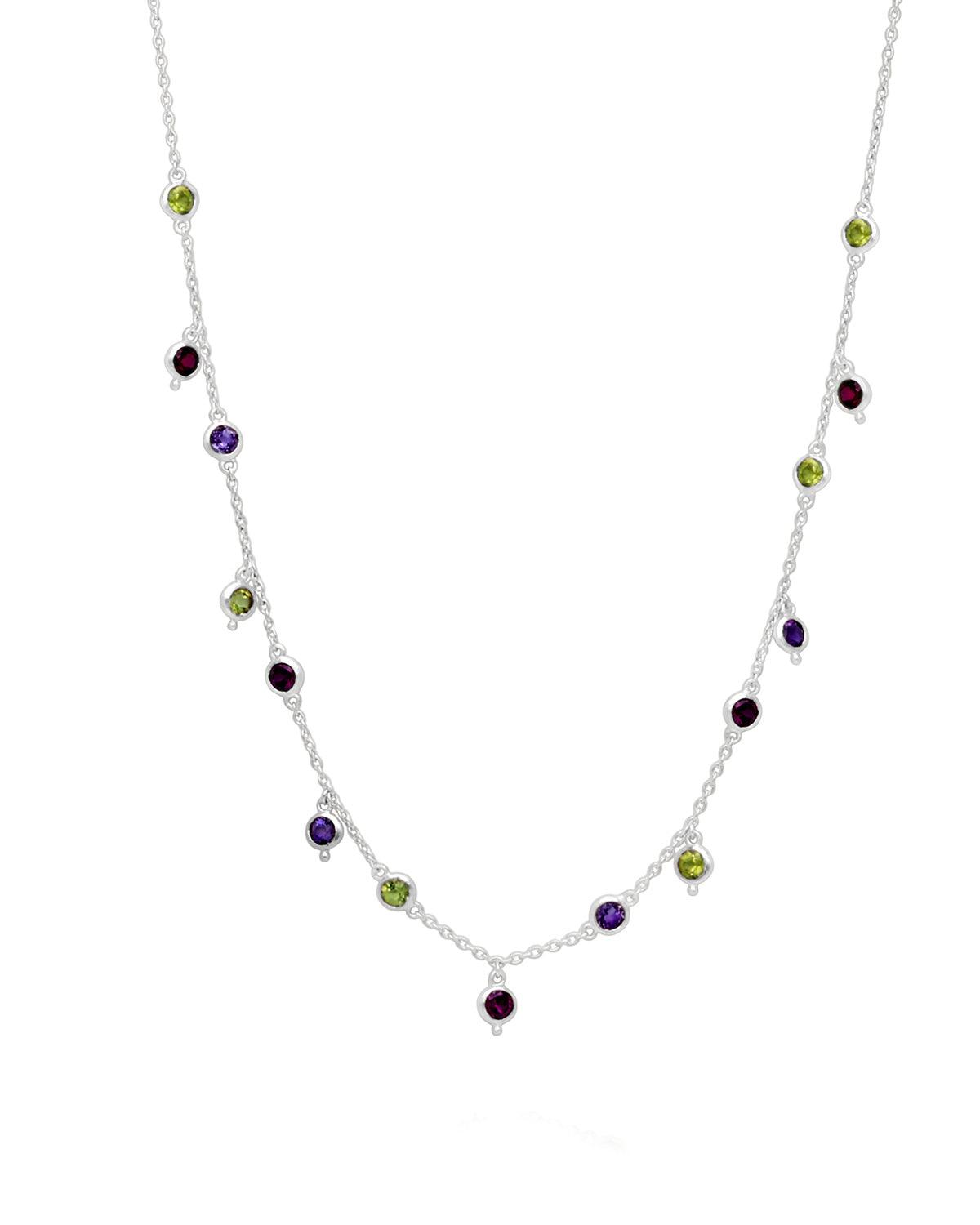 Silver necklace with mixed gemstones including rainbow moonstone in a delicate design